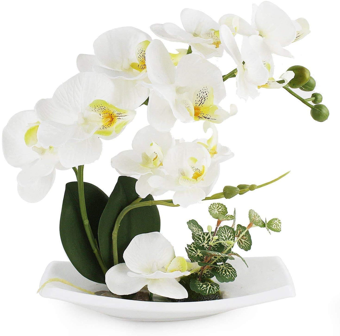 White Orchid Artificial Flowers Fake Indoor Faux Arrangements with Porcelain Vase Silk Plant in Pot That Look Real Table Centerpiece Bathroom Ornaments White Orchid