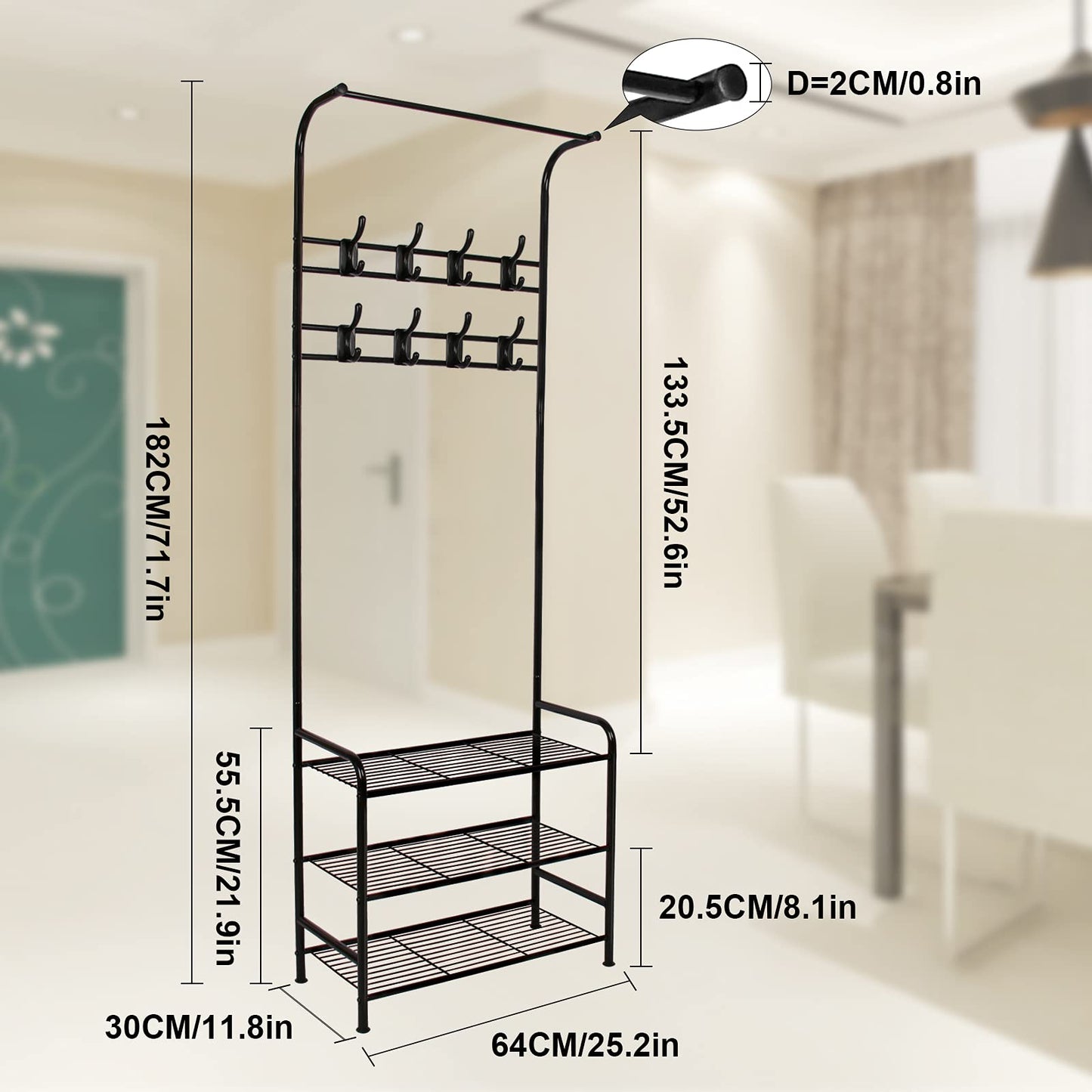 Innotic Coat Rack Stand with Shoe and Removable 16 Hooks Free Standing Hall Tree Matte Steel Frame Hat for Storage, Black