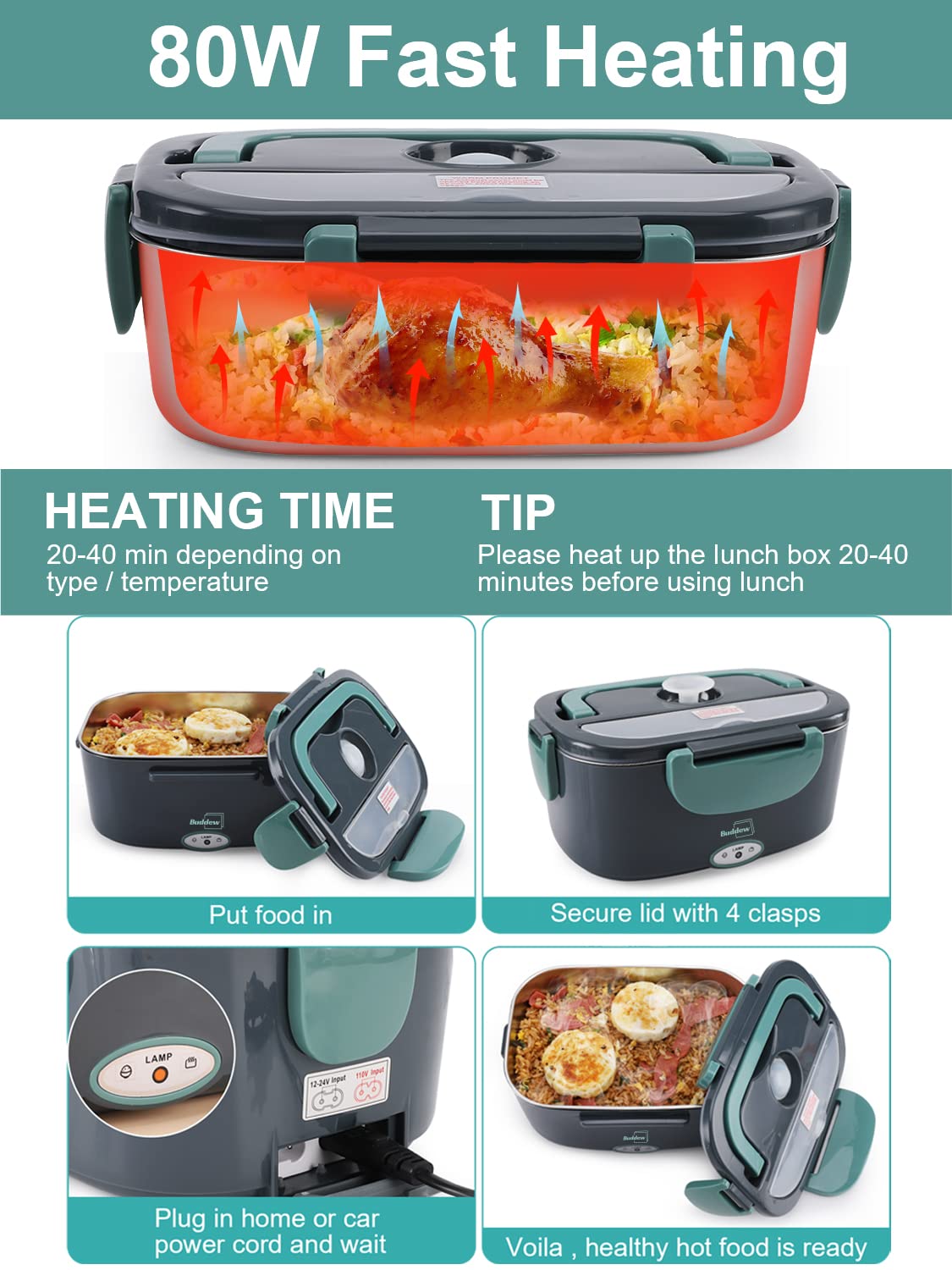 Buddew Electric Lunch Box 80W Food Heater 3 in 1 12/24/110-230V Portable Lunch Warmer Upgraded Leakproof Heated, for Car/Truck/Office with SS Fork&Spoon and Insulated Carry Bag (Green) Green