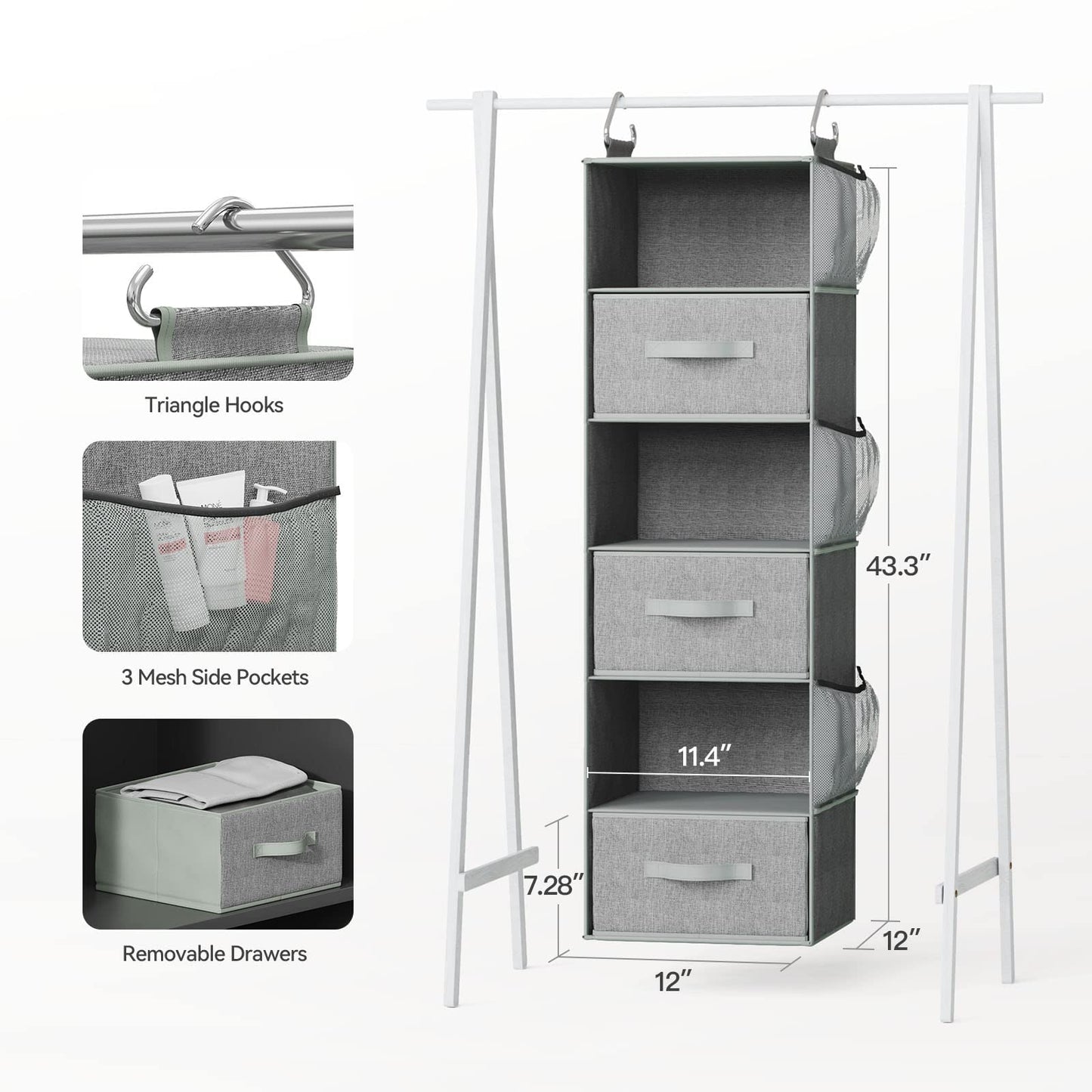 Pipishell Hanging Closet Organizer 6-Shelf, Hanging Shelves for Closet with 3 Removable Drawers, Hanging Shelves Organizer for Bedroom or Garment Rack, 12'' x 12'' x 43.3'', Dark Gray