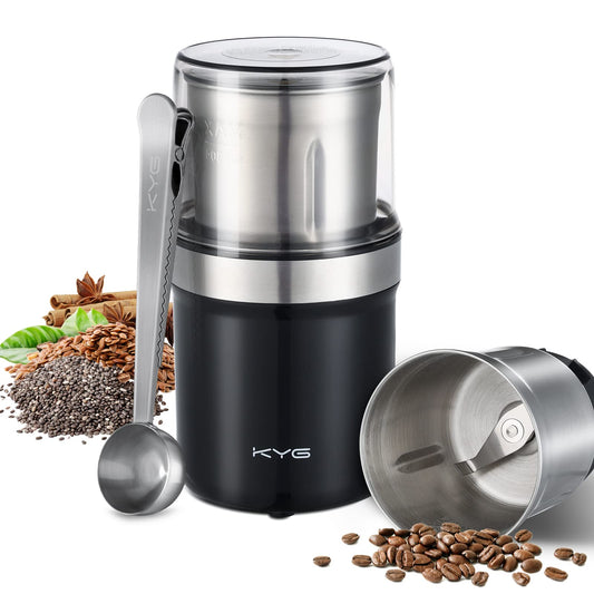 KYG Coffee Grinder Electric Grinder for Seeds, Nut, Pepper, Flax Seed Grinder with Removable Bowl Spice Grinder 300W with 1 Washable Stainless Steel Cup 2 Blade for Dry