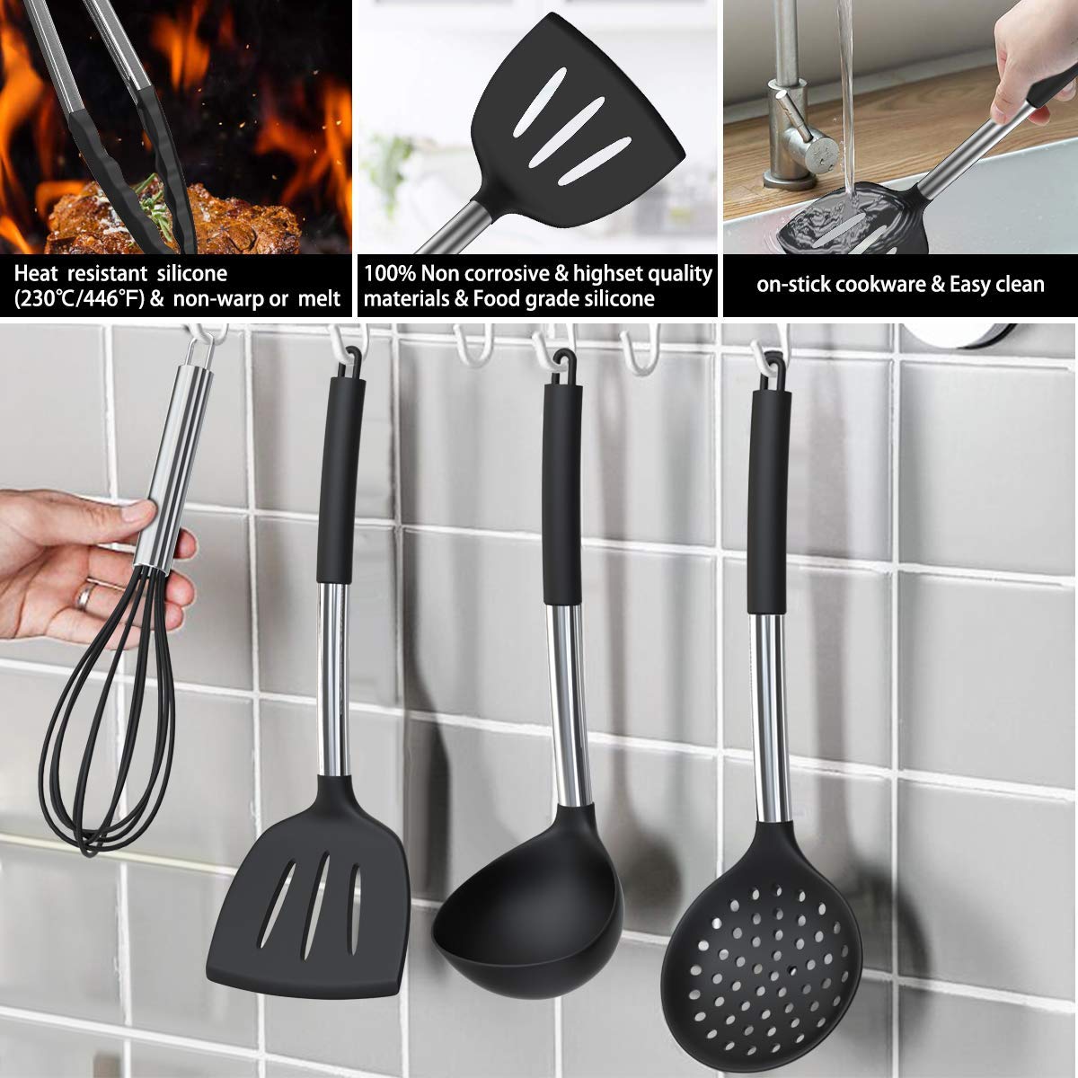 Umite Chef Kitchen Utensil Set, 15pcs Silicone Cooking Kitchen Utensils Set, Cooking Tools Turner Tongs Spatula Spoon for Nonstick Heat Resistant Cookware - (Black) Black