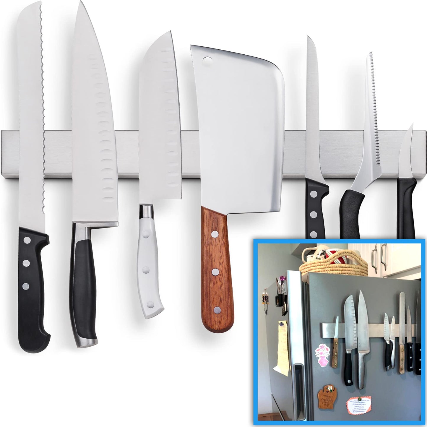 Premium Magnetic Knife Holder for Refrigerator That Doesn't Slide - 43cm Professional Double Sided Knife Strip for Fridge - Knife Rack/Knife Bar with Powerful Magnetic Pull Force (Upgraded Version) 43cm - Fridge