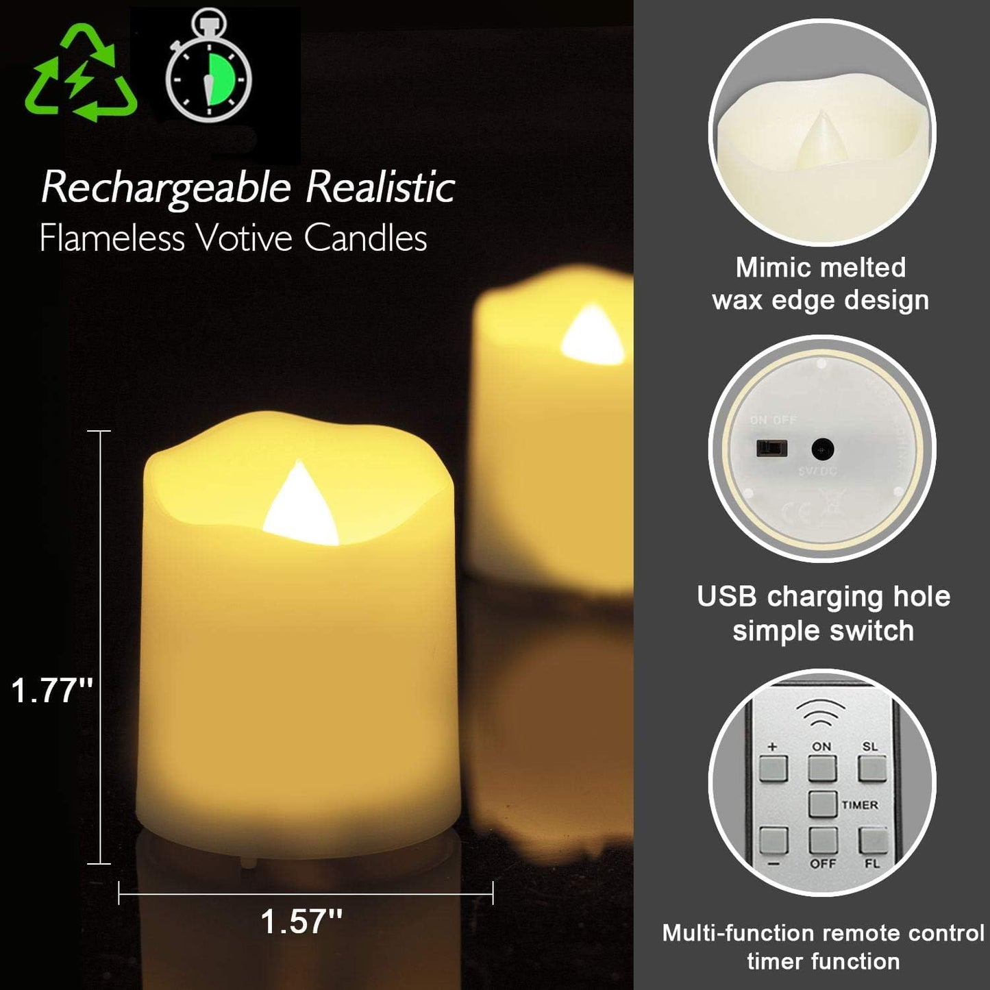 Homemory Rechargeable Flameless Votive Candles with Remote, Battery Tea Lights with Timer, 12PCS Electric Fake Candle in Warm White Warm White 12 Pc Rechargeable Flameless Votive