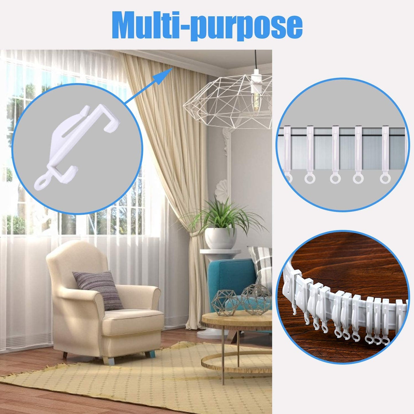 50pcs Curtain Hooks Plastic White, JUYOO Curtain Rail Glider, Curtain Track Glider, Curtains Hooks for Window Curtain, Door Curtain and Shower Curtain