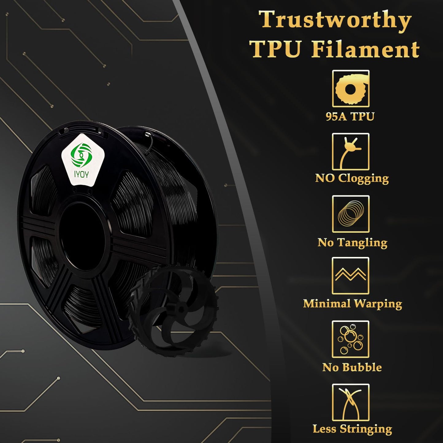 YOYI YOYI 3D Printer Filament, 95A TPU Flexible Filament 1.75mm Spool Dimensional Accuracy +/- 0.03 mm, 0.8KG Spool (1.76 lbs) Soft 1.75 TPU 3D Printing Filament,TPU Black Thermoplastic Polyurethane