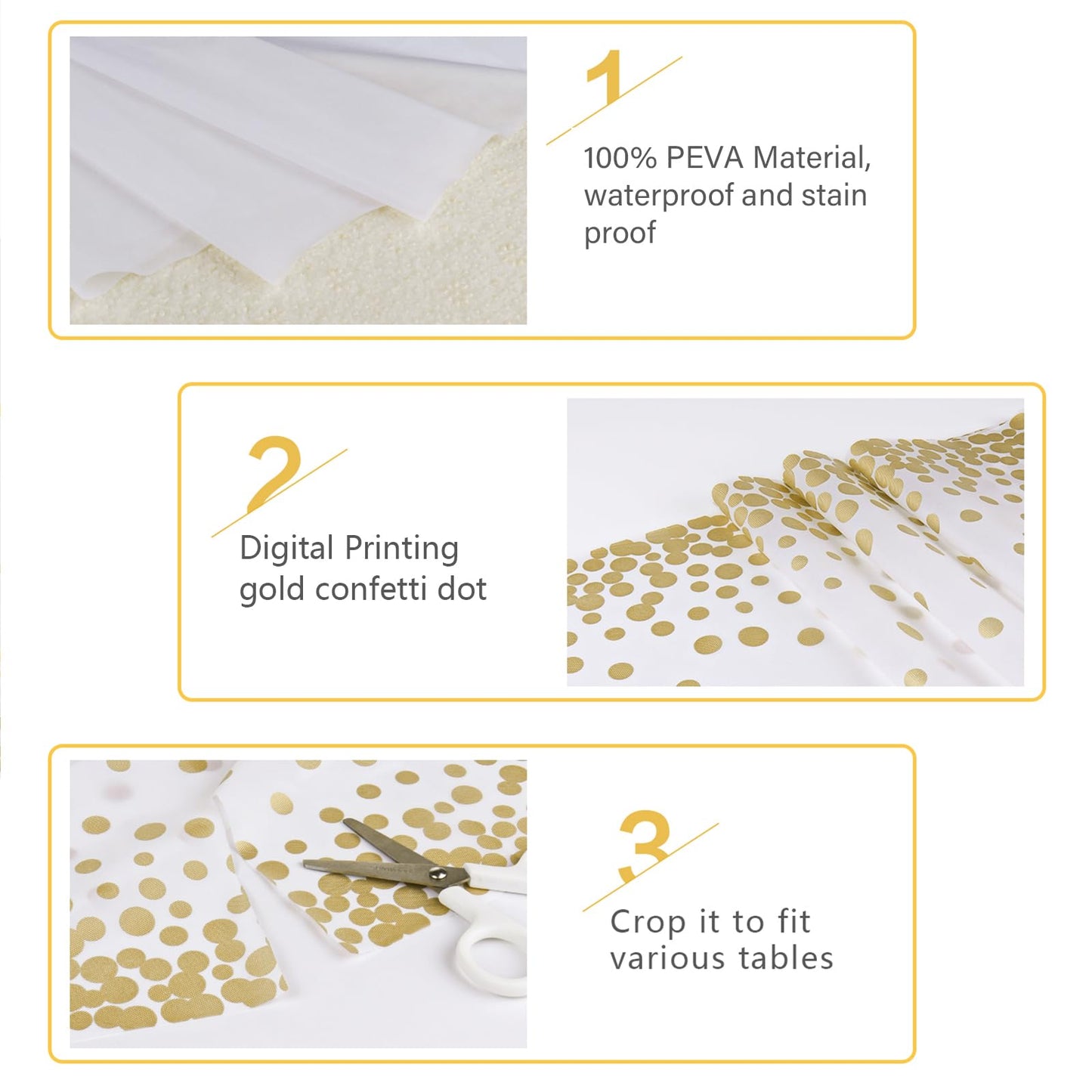 MOKANI Disposable Plastic Tablecloths, 4 Pack Party Rectangle Table Cloths, Gold Dot Confetti Rectangular Table Covers for Picnic Weddings Birthday Parties 54" x 108" 4 Packs