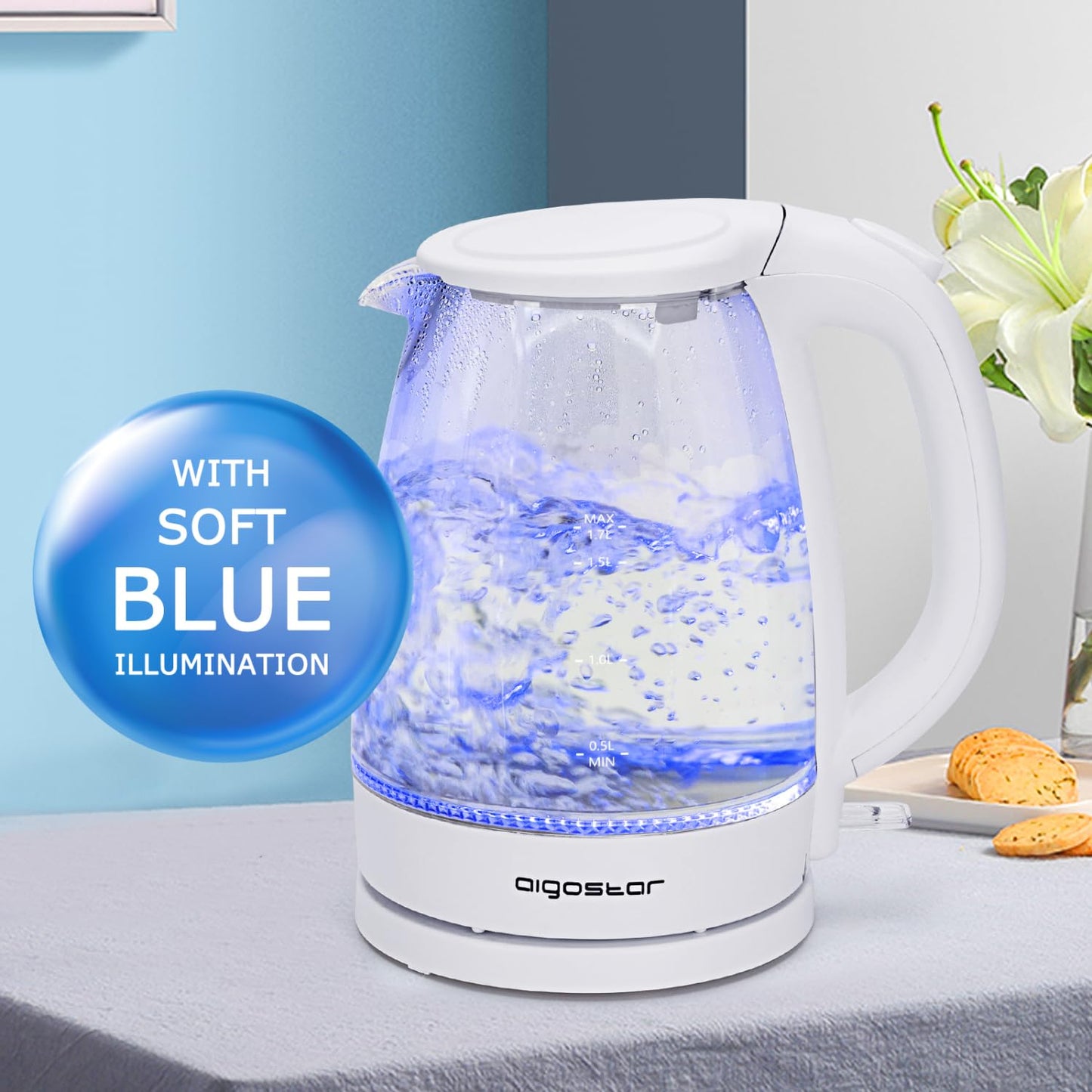 Aigostar Eve 30KHT - Glass Water Kettle with LED Lighting, 2200 Watts, 1.7 Liter, Boil-dry Protection, BPA Free, White