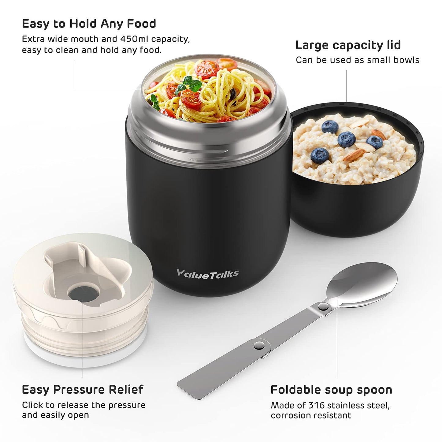 ValueTalks Hot Food Flask,Leak-Proof,Double Walled Insulated BPA Free Stainless Steel Soup Flask,Extra Wide Mouth Food Container with Folding Spoon-450ml (Black) Black