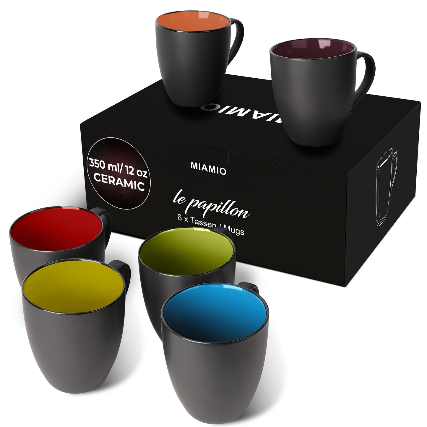 MIAMIO - 6 x 350 ml Stoneware Coffee Mug/Cup Set - Le Papillon Collection (Black-Colourful) Black-colourful