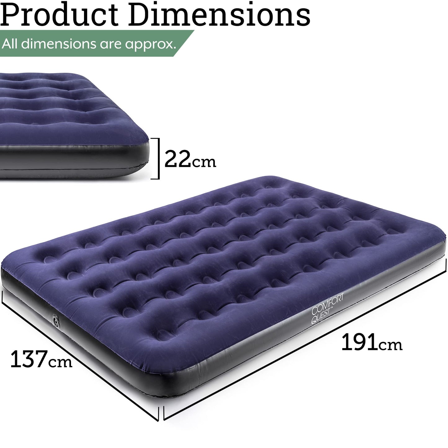 Comfort Quest Double Airbed, Inflatable Guest Air Bed, Blow Up Camping Mattress, Flocked Surface, Coil Beam Construction, L191cm x W137cm x D22cm, Max Weight 295kg