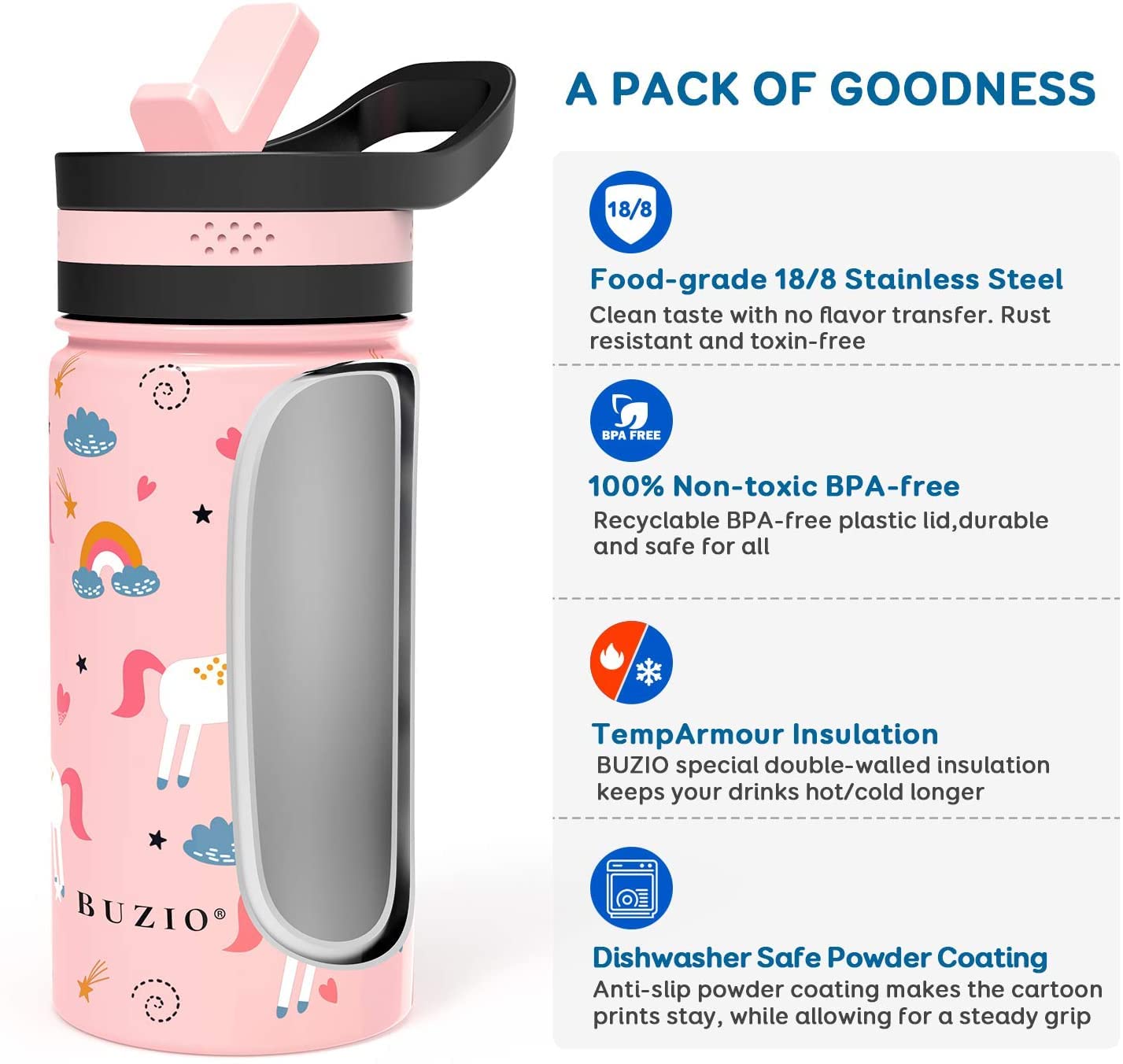 Toddler Water Bottle, BUZIO Insulated Water Bottle for Kids Insulated Modern Vacuum with 2 Straw Lids 400ml Double Walled Wide Mouth Sports Drink Flask Thermo Canteen Mug Cup Pink Unicorn