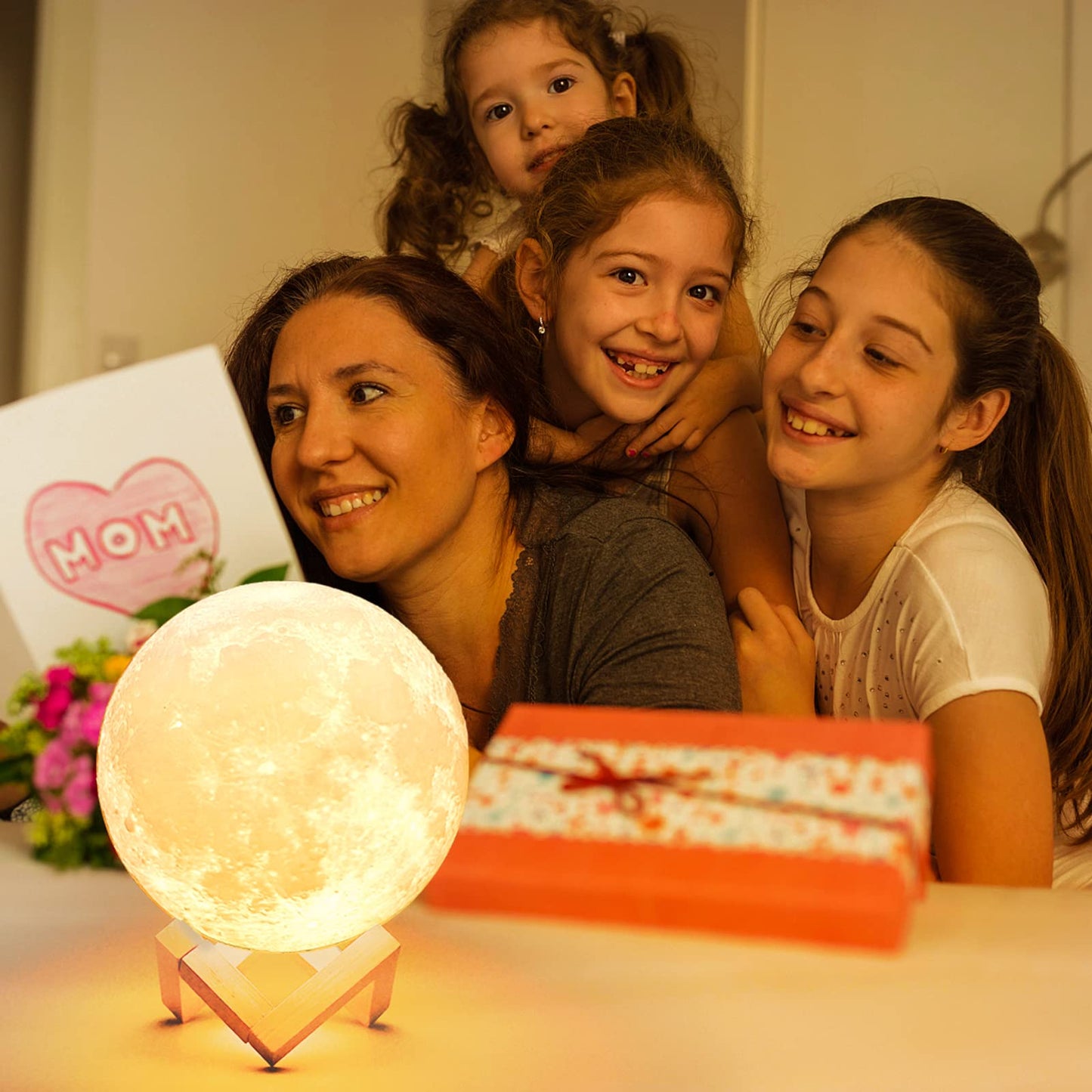 Methun 3D Moon Lamp with 5.9 Inch Wooden Base - Mother's Day LED Night Light, Mood Lighting with Touch Control Brightness for Home Décor, Bedroom, Gifts for Women Kids Birthday - White & Yellow 5.9 inches