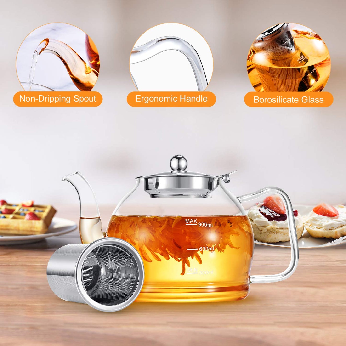 Glass Teapot, 1200 ml Tea Pot, STNTUS Teapot, Glass Teapot with Infuser, Borosilicate Teapot with Infuser for Loose Tea, Teapot with Stainless Steel Strainer for Loose Tea, Teapot for 4-6 Cups 1200ml