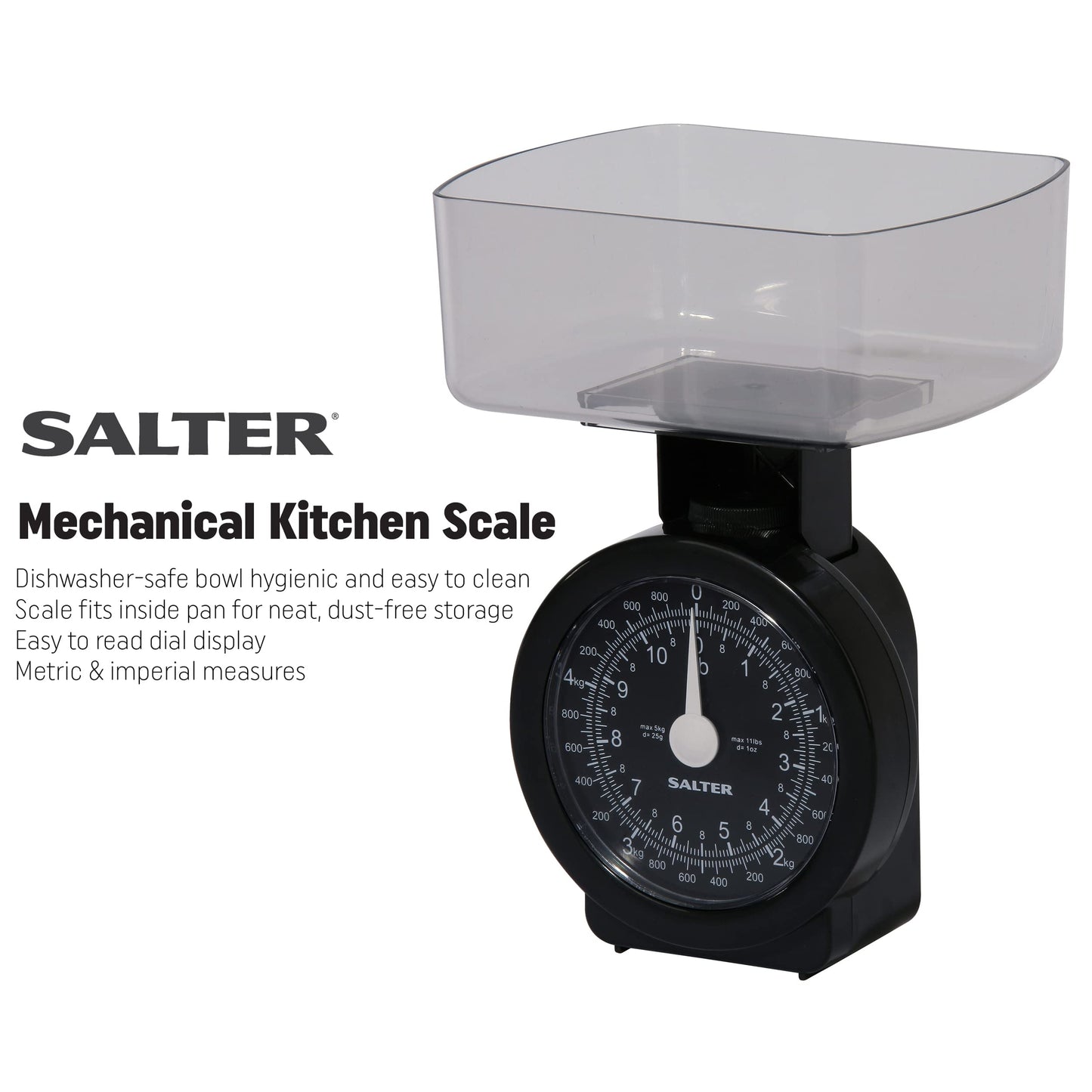 Salter 114 BKCLDR Mechanical Kitchen Scale, Compact, 5 Kg Max Capacity, Dishwasher Safe Bowl, Easy Clean, Scale Fits Inside Pan, Dust-Free Storage, Metric/Imperial, Large Dial, Black 5KG