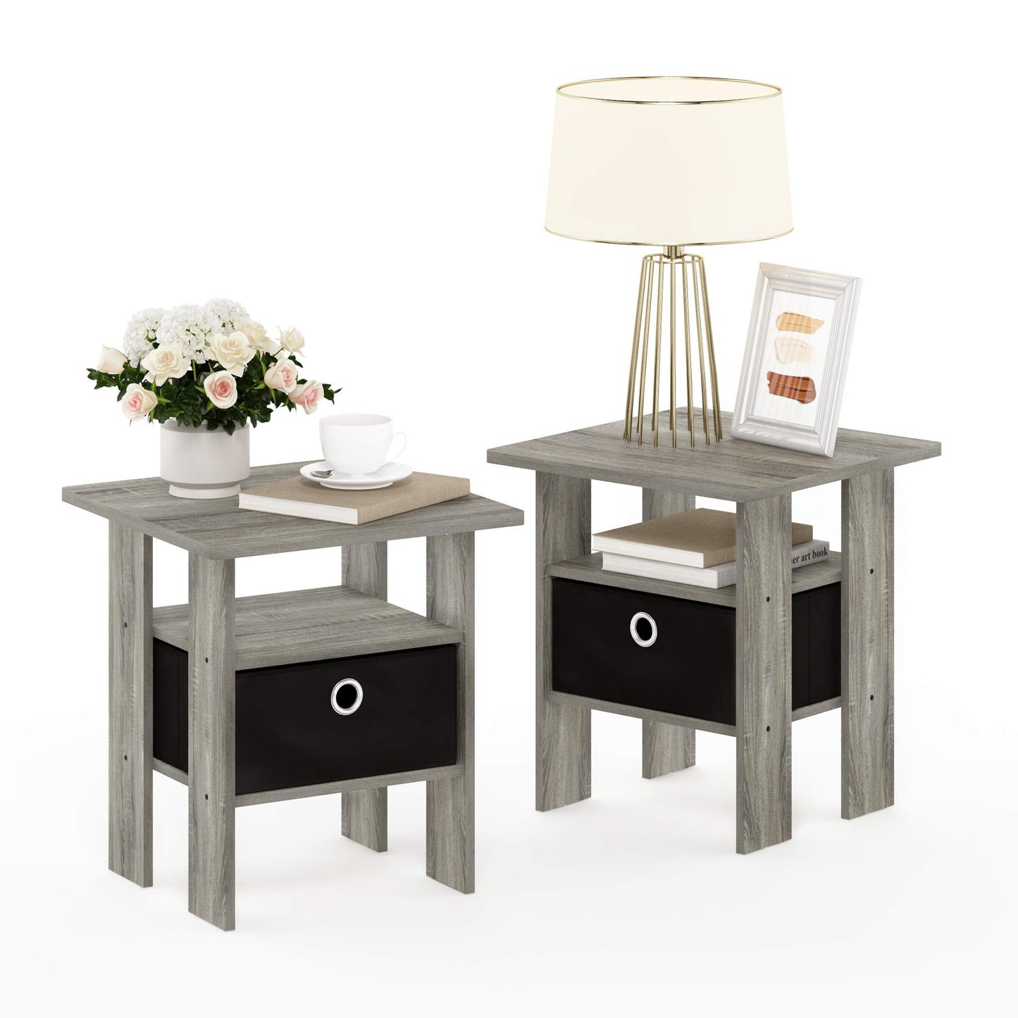 Furinno Andrey End Table, Side Table, Nightstand with Bin Drawer, French Oak/Black, 2-Pack