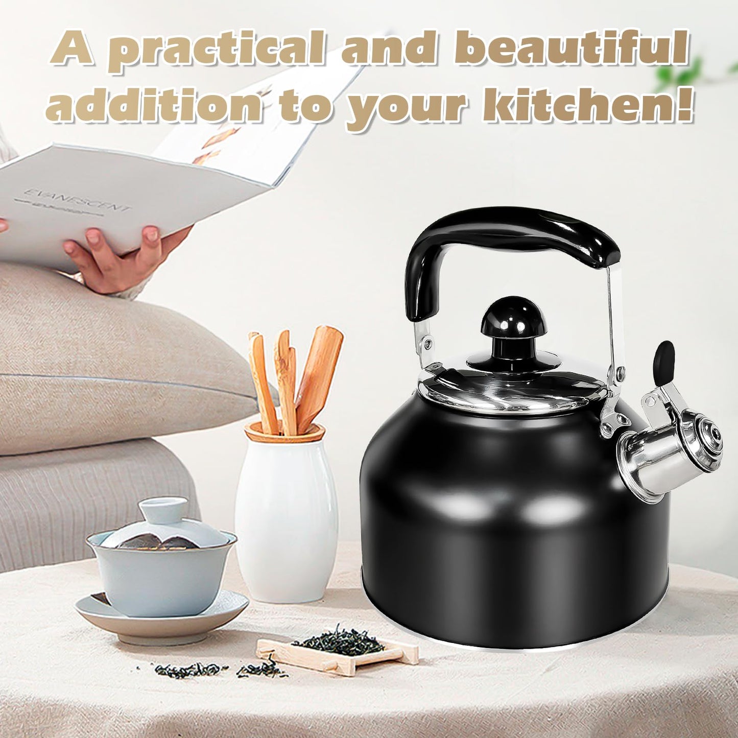 Vinekraft Stove Top Kettle, 2.7L Whistling Kettle, Stainless Steel Camping Kettle Teapot for Gas Hobs, Induction and Electric Hobs (Matte Black)