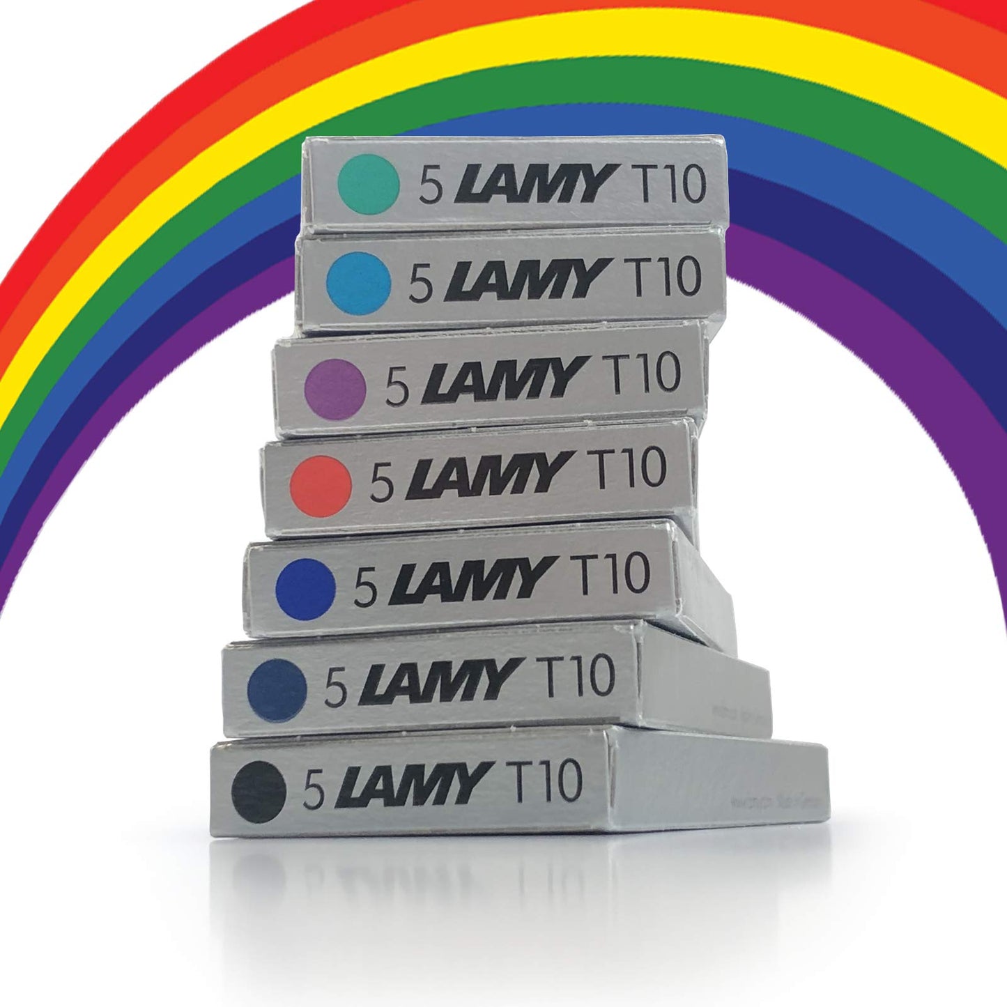 Lamy T10 Assorted Colour Pack Fountain Pen Ink Cartridges Refills Spare For All Lamy Fountian Pens (1 Pack Of Each Colour - 7 Packs - 35 Cartridges - Black, Red, Washable Blue, Green, Purple / Violet, Turquoise & Blue Black)