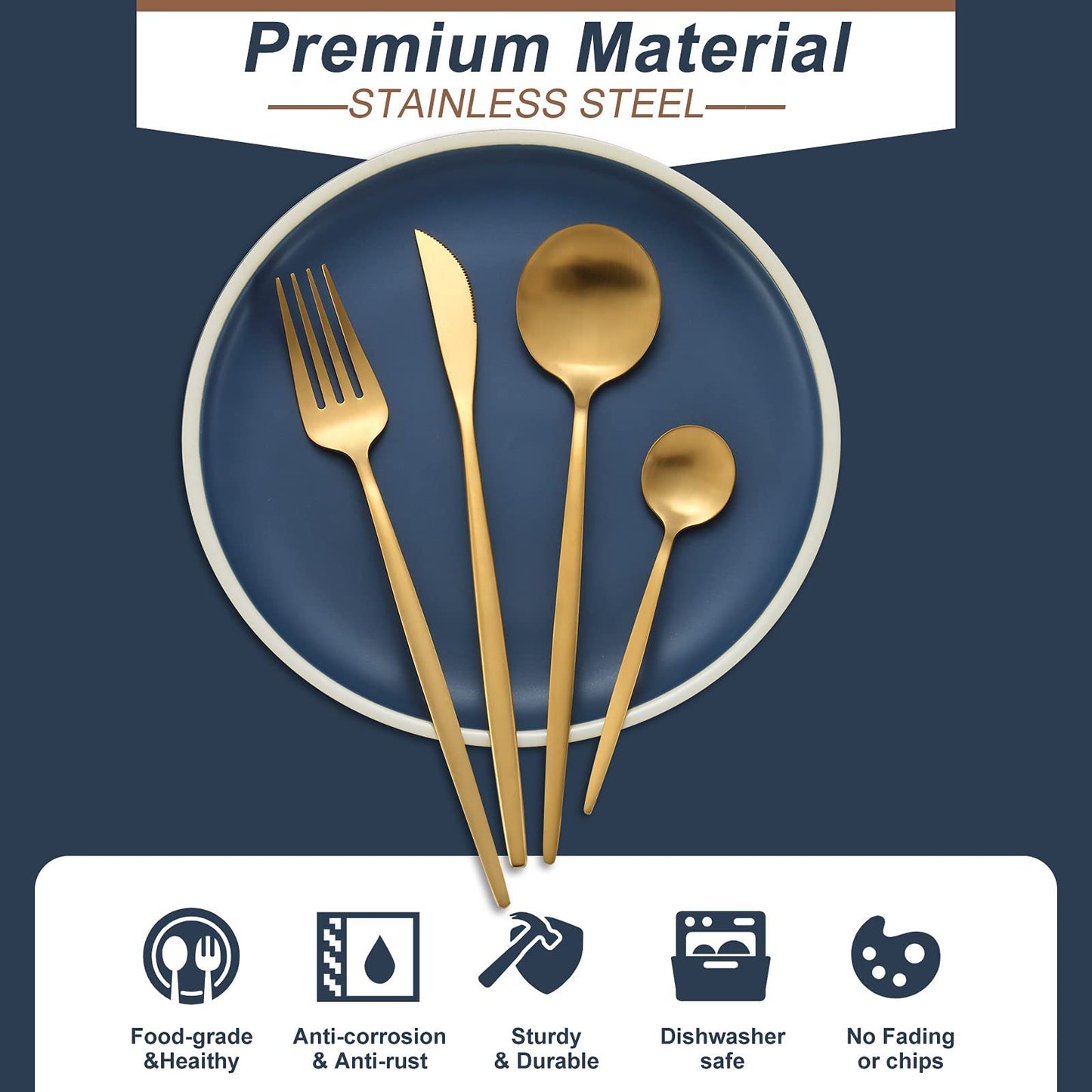 Matte Gold Cutlery Sets 32 Pieces, Bestdin Elegant Stainless Steel Cutlery Set, Kitchen Cutlery Set for 8 People, Suitable for Home/Party/Restaurant, Gold Titanium Coating and Dishwasher Safe