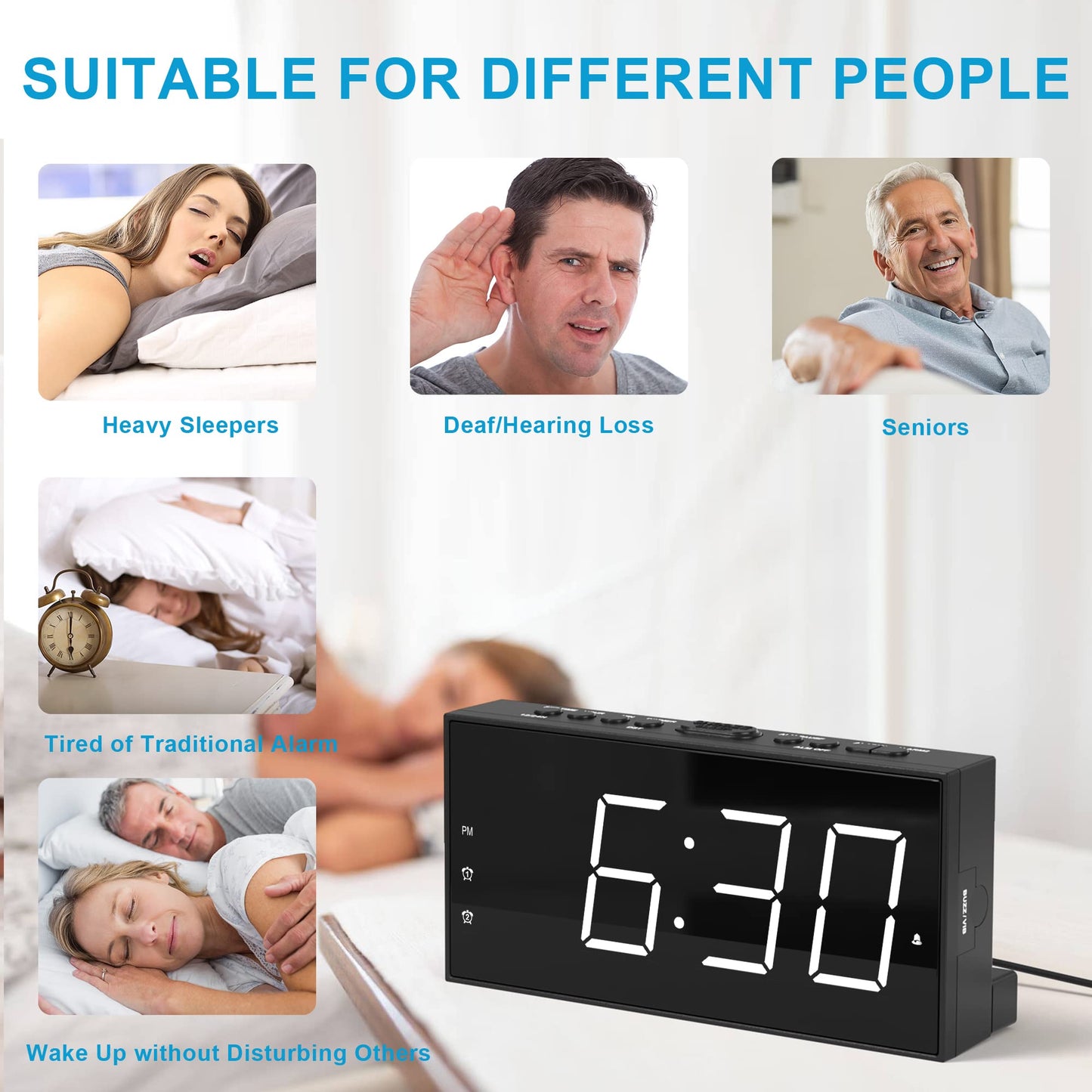 Mesqool Loud Alarm Clock with Bed Shaker for Deaf, Heavy Sleepers, Hearing Impaired,Dual Alarm,USB Phone Charger,Large LED Display,Big Snooze Button,DST 12/24H,Battery Backup, Adjustable Dimmer(White) White