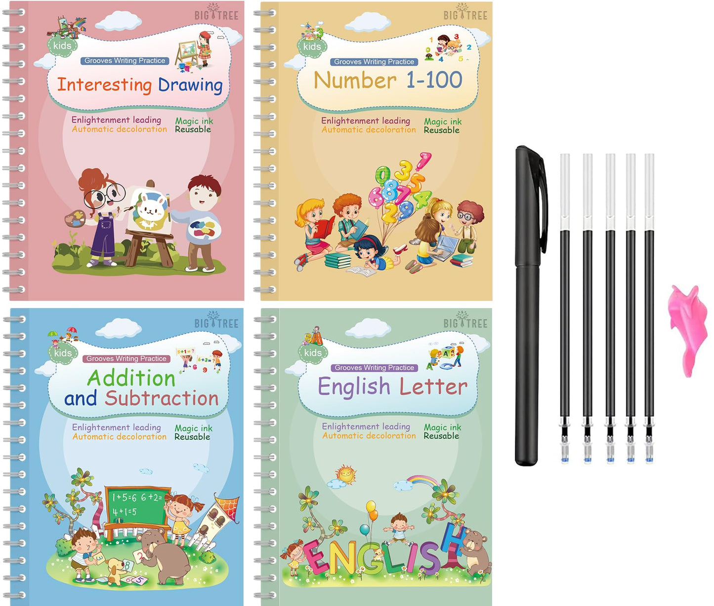 Magical Handwriting Workbooks Handwriting Practice Magic Copybook, Handwriting Aid Magic Pen Reusable Copybook Grooves Template Design for Children (4books+Pens) 4books+Pens