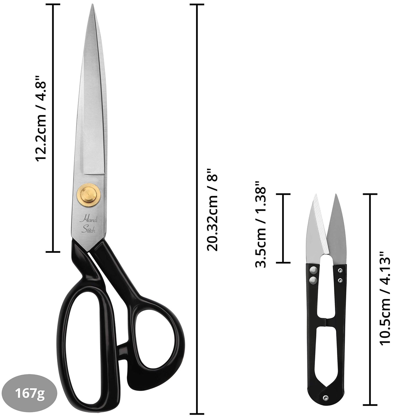 Handi Stitch Tailor Dressmaking Scissors and Yarn Thread Snippers - Heavy Duty 20.32cm/8 Inch Stainless Steel Sharp Shears - for Cutting Fabric, Clothes, Leather, Denim, Altering, Sewing & Tailoring