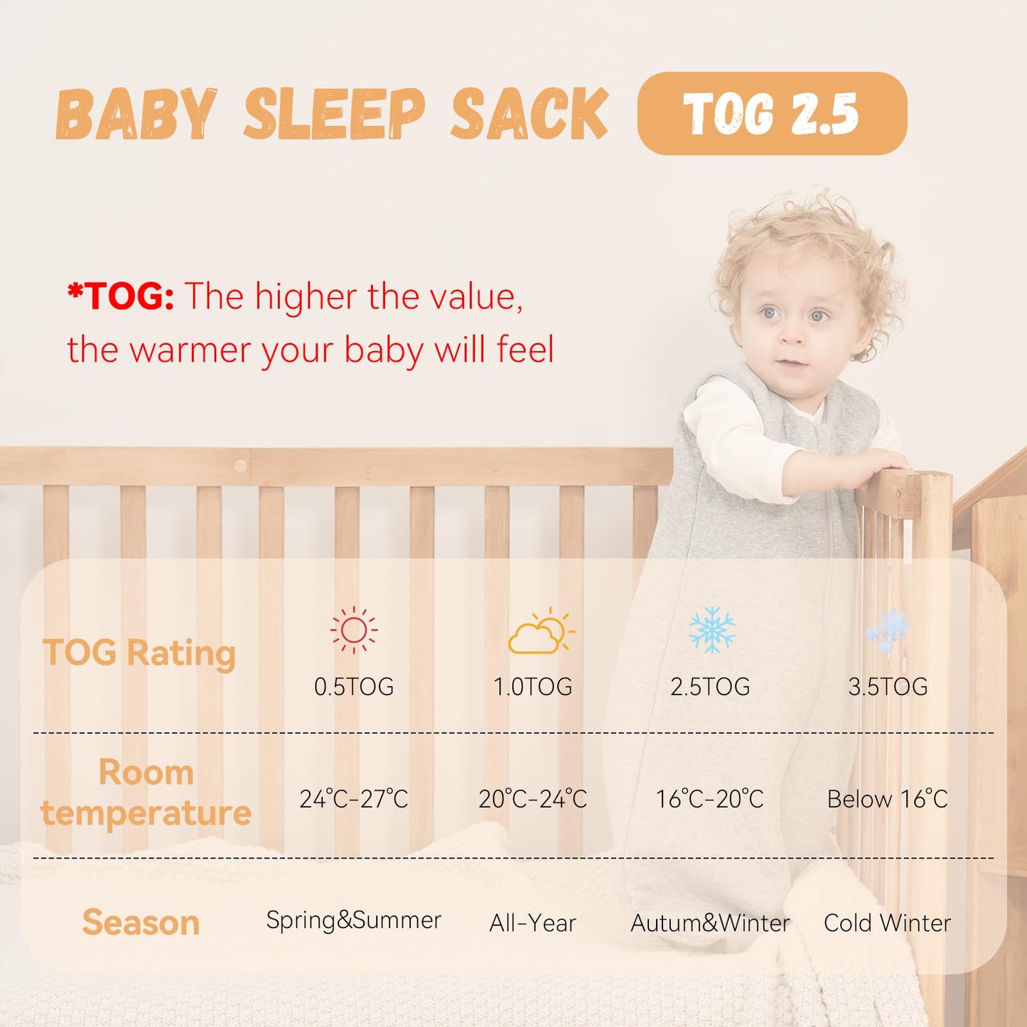 Yoofoss Baby Sleeping Bag 6-12 Months 100% Cotton TOG 2.5 Winter Toddler Sleep Sack Wearable Blanket for Infant Toddler Grey