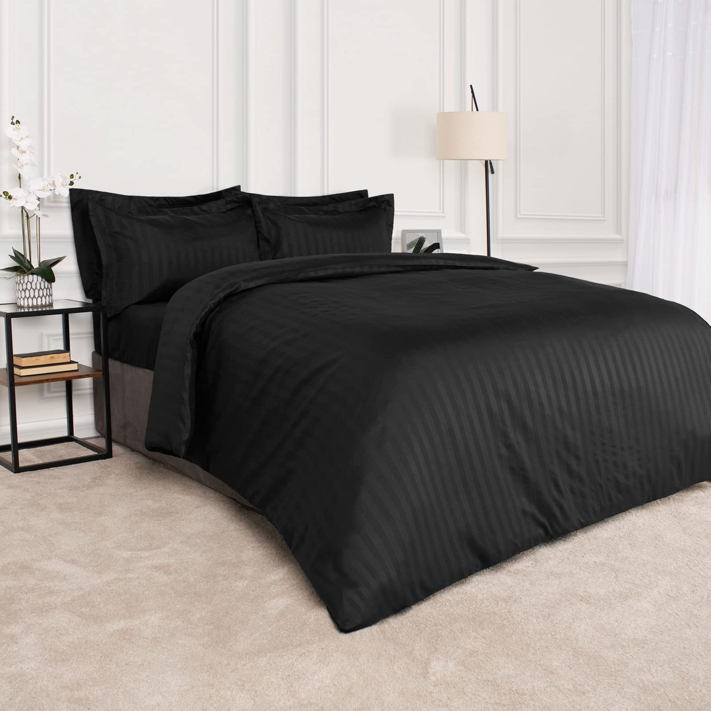 Dreamscene Beautiful Satin Stripe Quilt Duvet Cover with Pillow Case Bedding Set, Black, Double