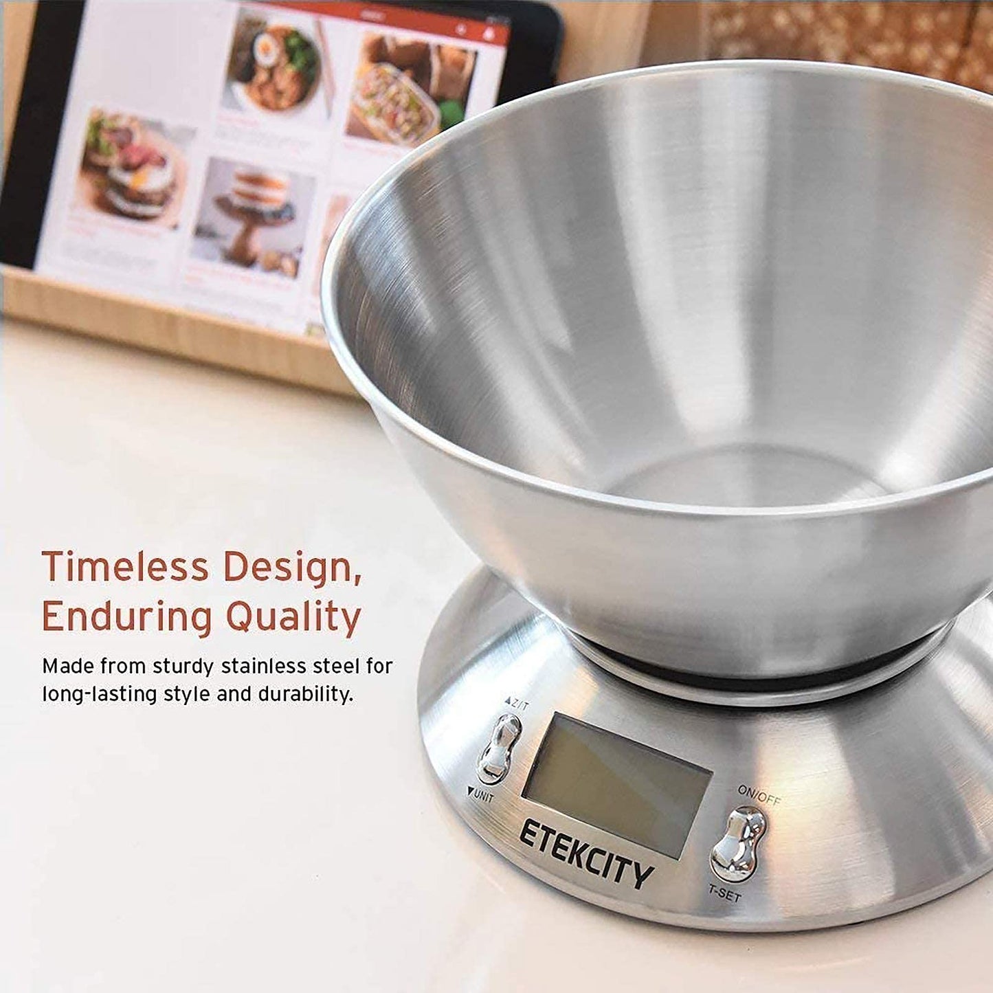 Etekcity Electronic Kitchen Scales with Stainless Steel Mixing Bowl, Timer and Temperature Sensor, Digital Wet and Dry Food Weighing Scale for Cooking and Baking-11lb/5kg bowl scale