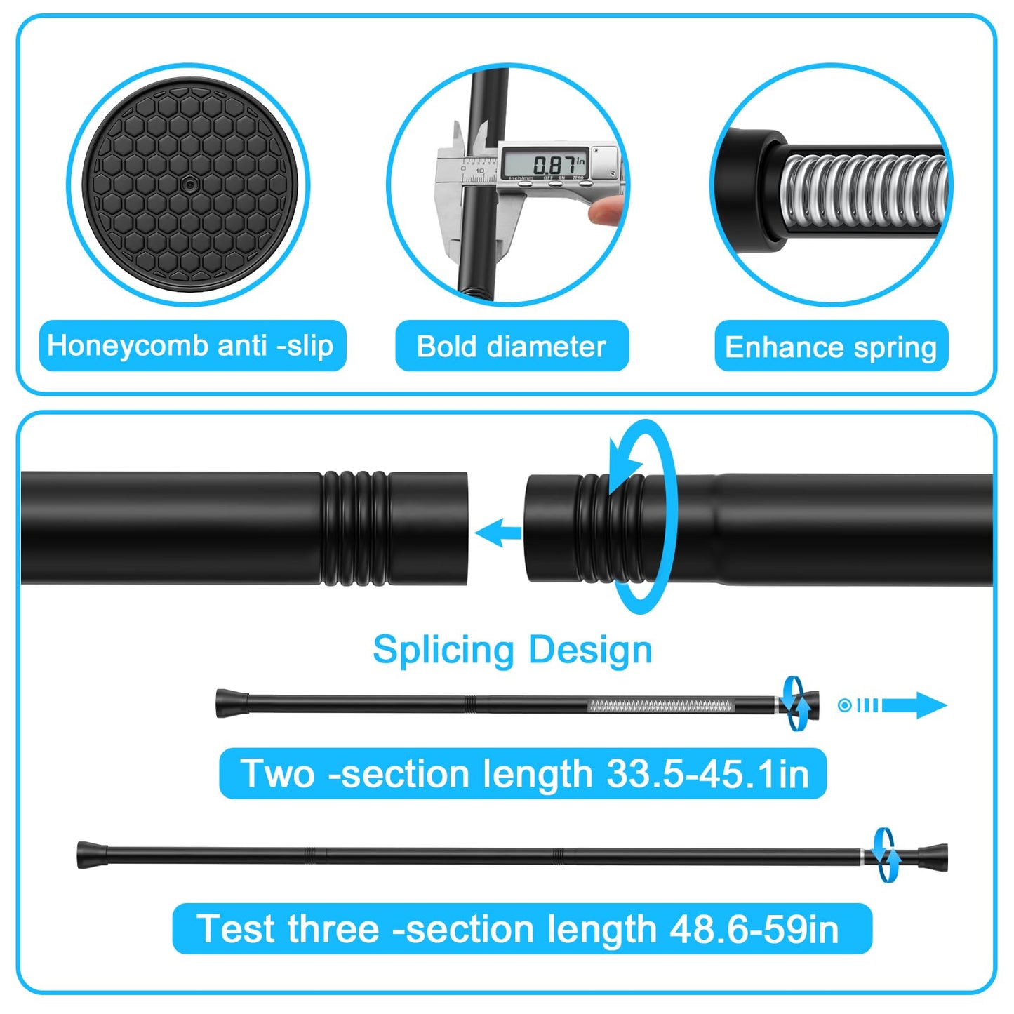 2Pcs Tension Curtain Rod 85 to 150 cm Black Tension Rod Never Rust Spring Tension Rod Adjustable Curtain Rod Non-Slip Spring Curtain Rod No Drilling Curtain Tension Rod for Window or Shower 85-150 cm-2pcs