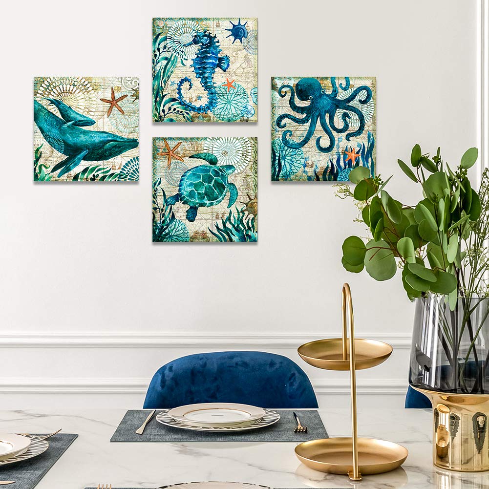 Artscope 4 Pieces Wall Art Canvas Prints - Blue Ocean Creature Whale Octopus Sea Turtle Seahorse Picture Painting- Modern Wall Artwork Framed for Bathroom Home Office Decor - 30 x 30 CM