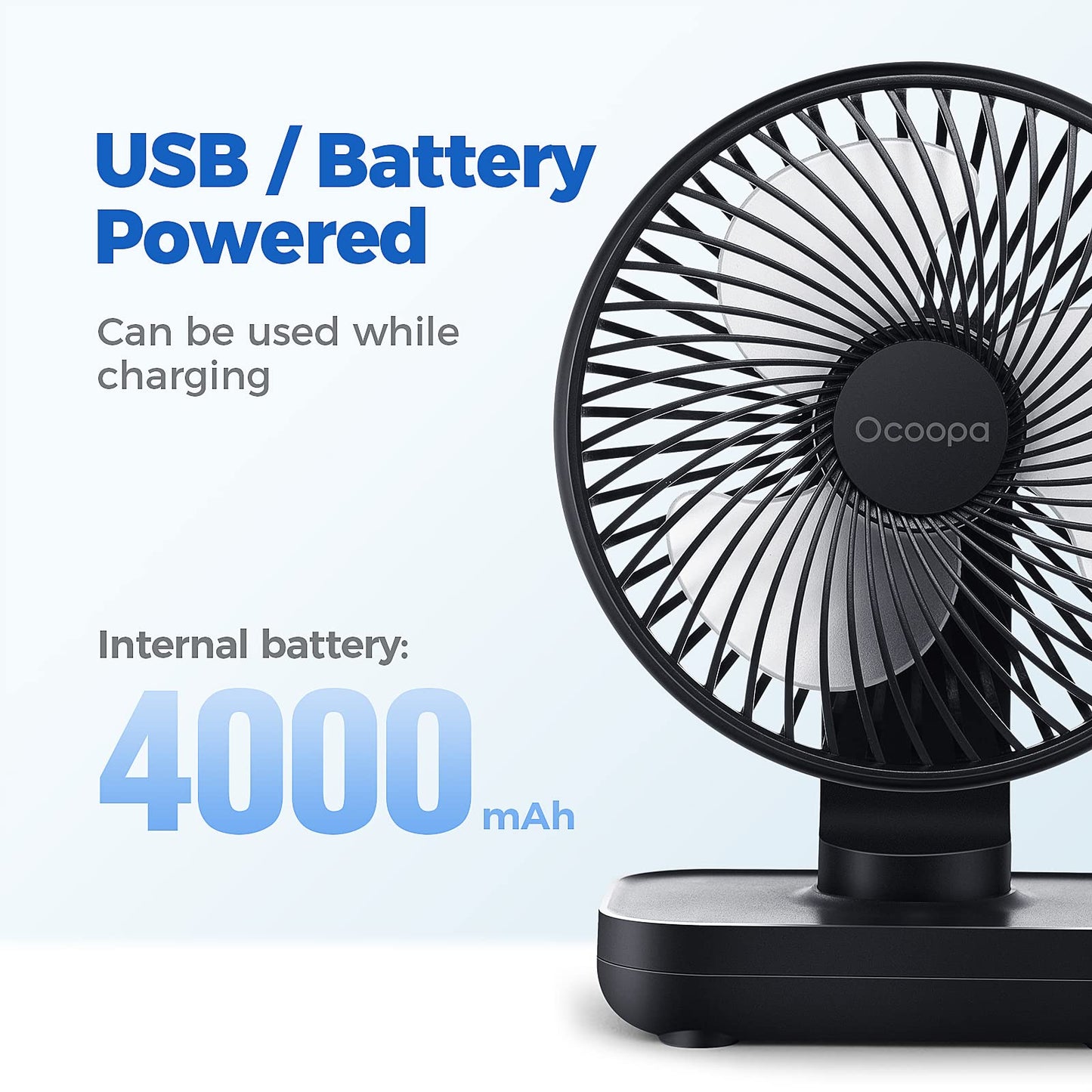 USB Desk Fan, 4000mAh Rechargeable Battery Operated, Table Fan 4 Speeds, 5inch Mini Portable Fan, with Strong Airflow Quiet Operation, Electricity Display, Easy to Disassemble, Desktop Fan White Blue