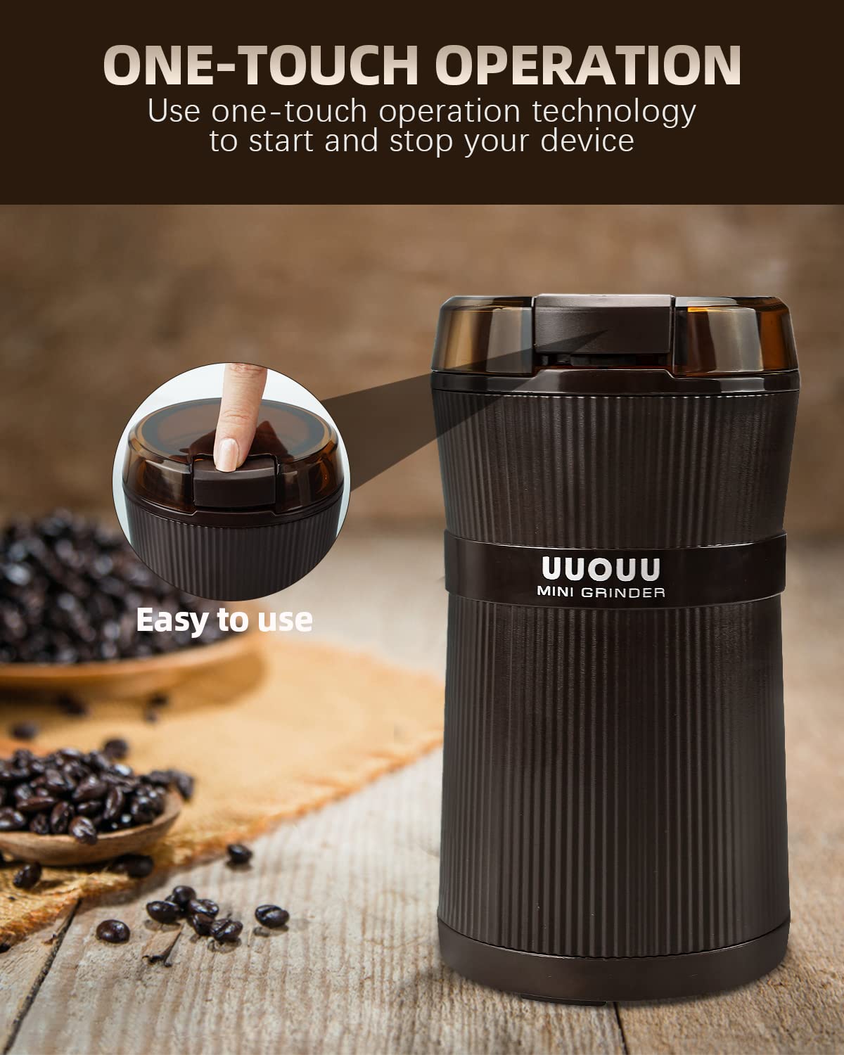 Coffee Grinder with Brush, UUOUU 200W Washable Bowl Spice Grinder with Stainless Steel Blade for Seed Bean Nut Herb Pepper & Grain, Lid Activated Safety Switch, Brown, CG-8320