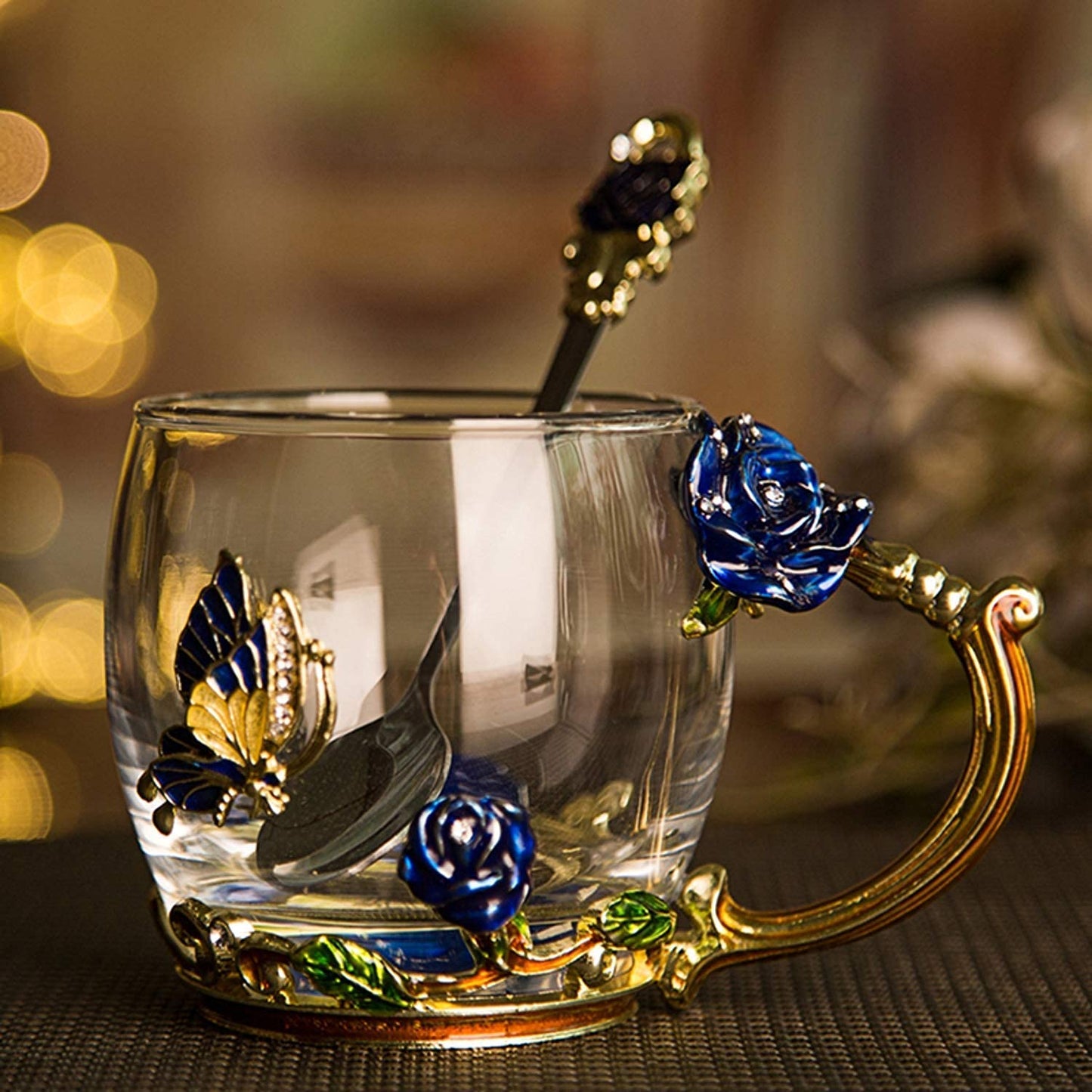 evecase Enamels Butterfly Flower Tea Cup/Coffee Mug with Spoon Set, Gifts for Women Wife Mum Teacher Friends Valentines Christmas Birthday Mothers Day Gifts Blue