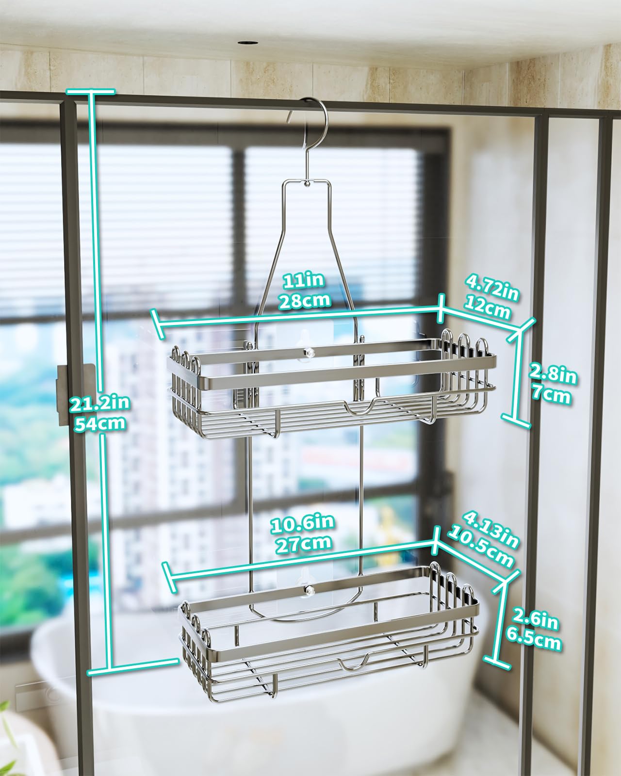 HapiRm Shower Caddy Hanging, 2-Tier Rust-Resistant Stainless Steel Shower Shelf,No Drill Shower Basket, Shower Organiser for Shower Accessories, 3 Screw Adhesives，Silver Silver-02