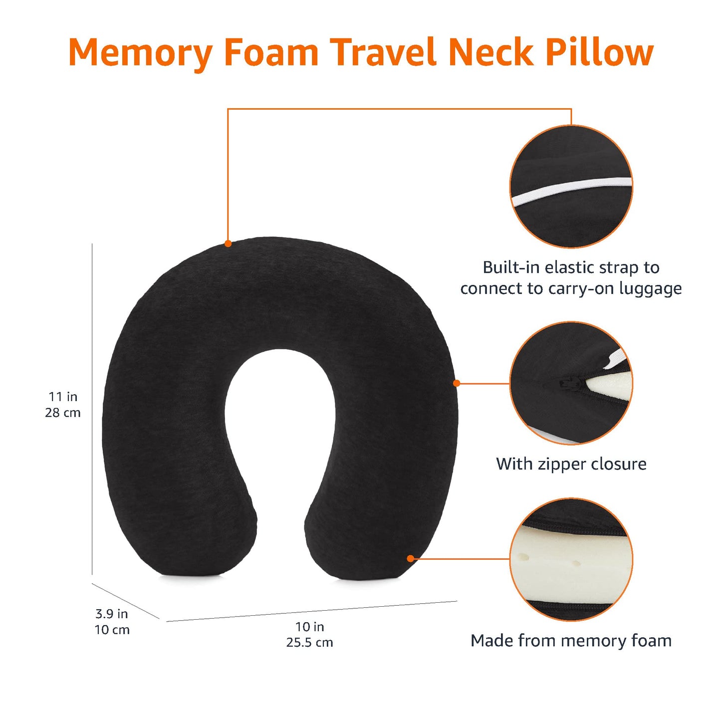 Amazon Basics Memory Foam Travel Neck Pillow with Removable Cover and Elastic Carrying Strap, Black, Semicircular