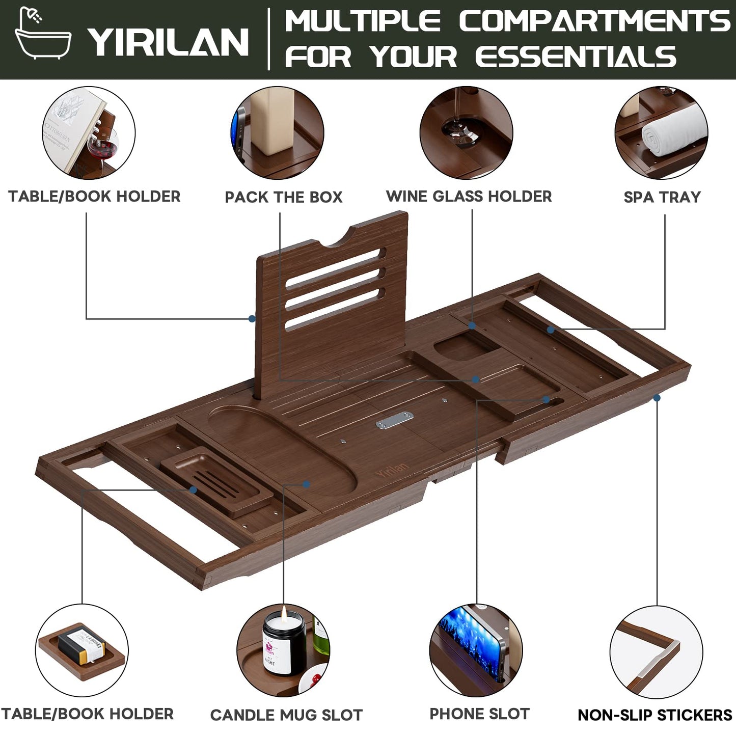 Yirilan Bamboo Bath Tray, Foldable Premium bath caddy, Adjustable bath board with Book Rest, Extendable Wooden Tray Bath shelf – Fits Most Bath Sizes-Brown Brown