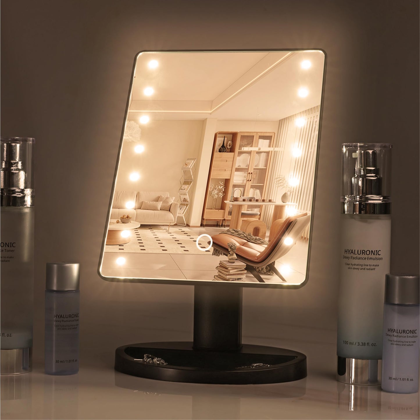 H&S Makeup Mirror with Lights - Light Up Vanity Mirror for Dressing Table Bathroom Desk - Battery Operated with LED Lights - Includes Detachable 10x Magnifying Mirror - Black