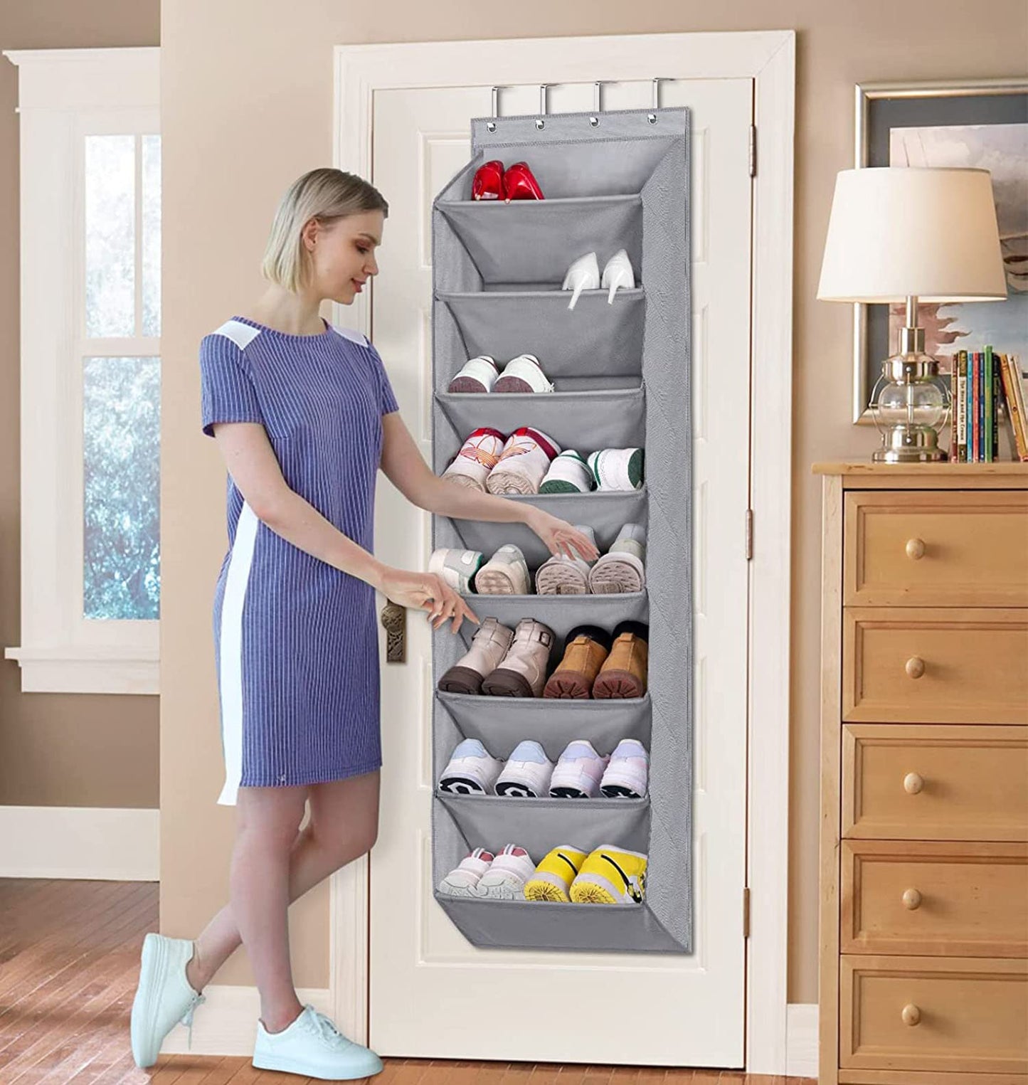 MISSLO 8 Shelves Hanging Shoe Rack, Over Door Shoe Storage with Deep Pockets Organizer fits 20 Pairs, Closet Shoe Holder Organiser for Narrow Door, Grey 8 Shelf