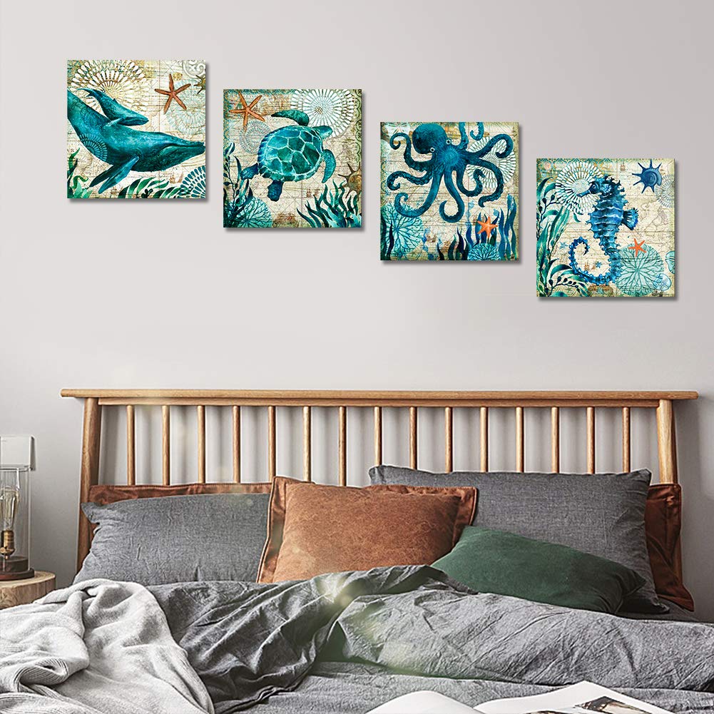 Artscope 4 Pieces Wall Art Canvas Prints - Blue Ocean Creature Whale Octopus Sea Turtle Seahorse Picture Painting- Modern Wall Artwork Framed for Bathroom Home Office Decor - 30 x 30 CM