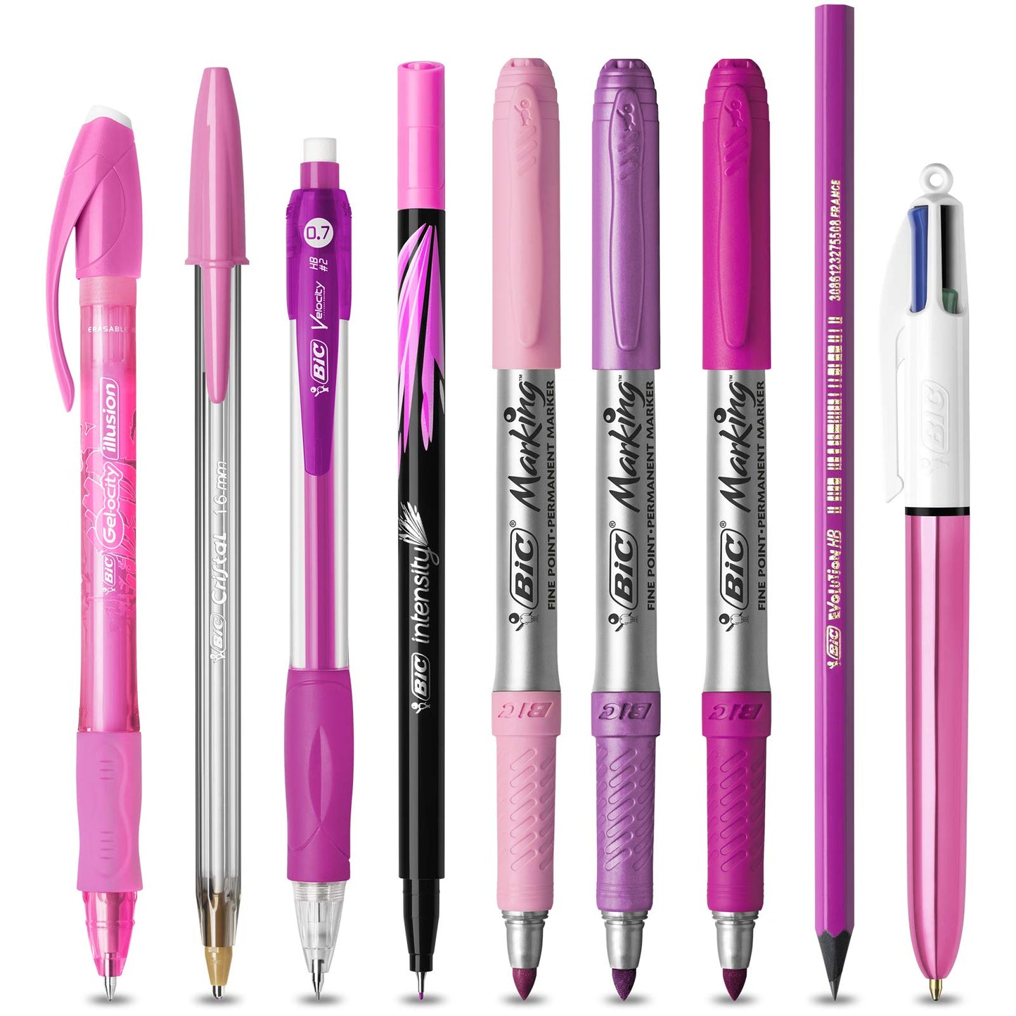 BIC Pink & Purple Set - 1 Pencil Case, 2 Ball Pens/1 Erasable Gel Pen/1 Graphite Pencil with Eraser/1 Writing Felt Pen/3 Permanent Markers/1 Mechanical Pencil Single