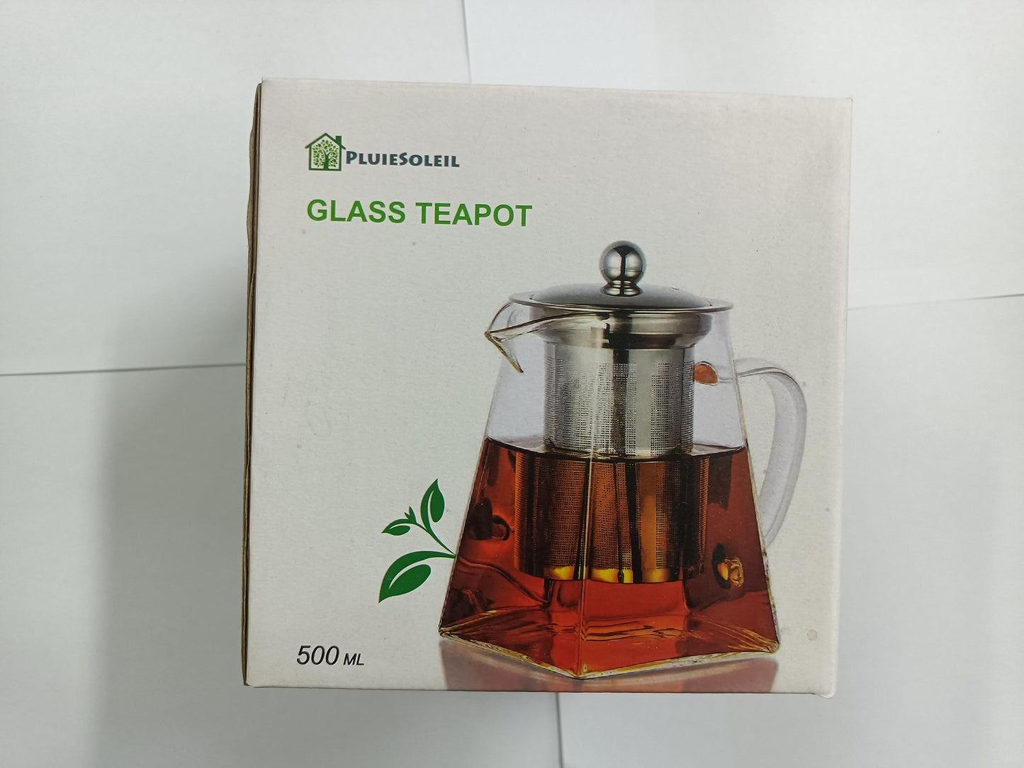 Pluiesoleil 500ML Borosilicate Glass Teapot, Loose Leaf Teapots with Infuser, Square Tea Pot with Strainer, Stovetop Microwave Safe Teapot for 2