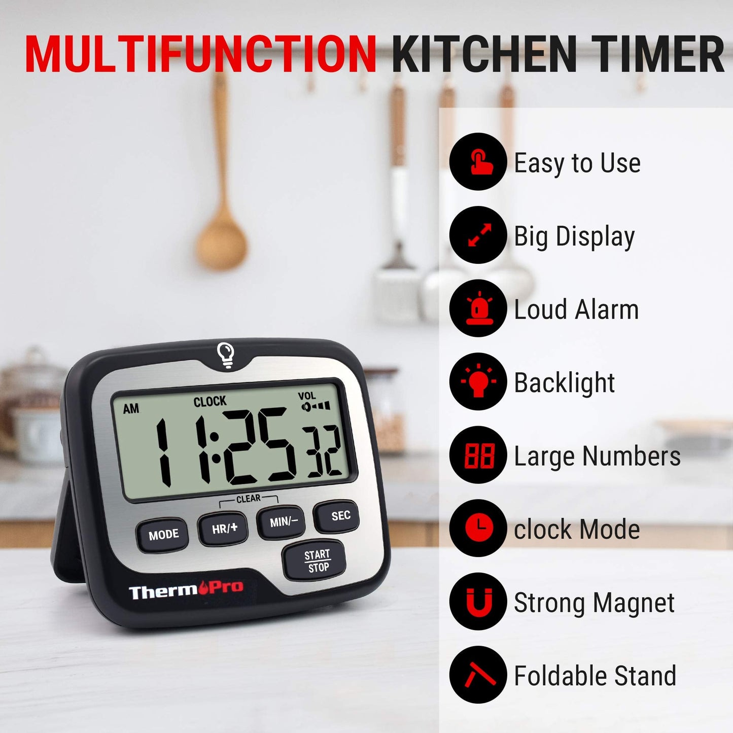 ThermoPro TM01 Kitchen Timer Digital Cooking Timer with Large LCD Display Volume Alarm Timer Multifunction Adjustable Countdown Timer Backlit Professional