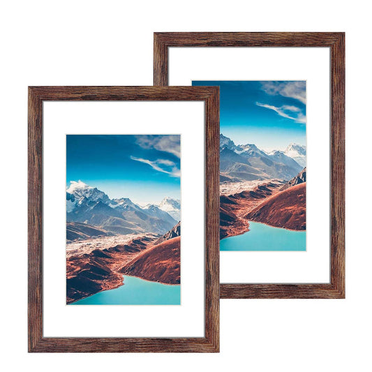 Q.Hou A3 Photo Frame Rustic Brown Wood Pattern Set of 2 with Mat, Mount for A4 Picture or Certificate, Perspex Front for Wall Decor (UK-QH-NPFA3-BR)