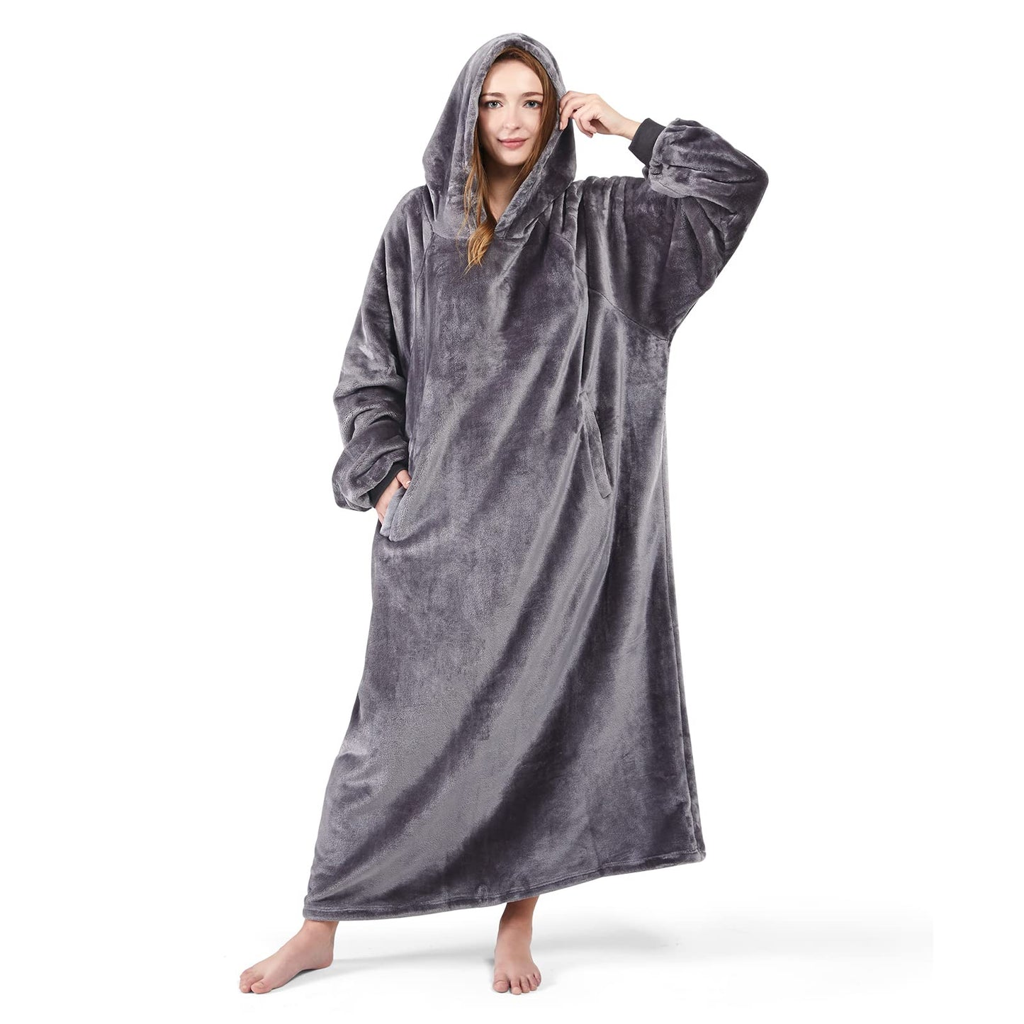 Lifewit Wearable Blanket Hoodie, Warm and Cozy Hoodie with Sleeves and Pockets, Flannel Blanket Sweatshirt for Women, Men, Medium, Grey Medium for 170-180cm