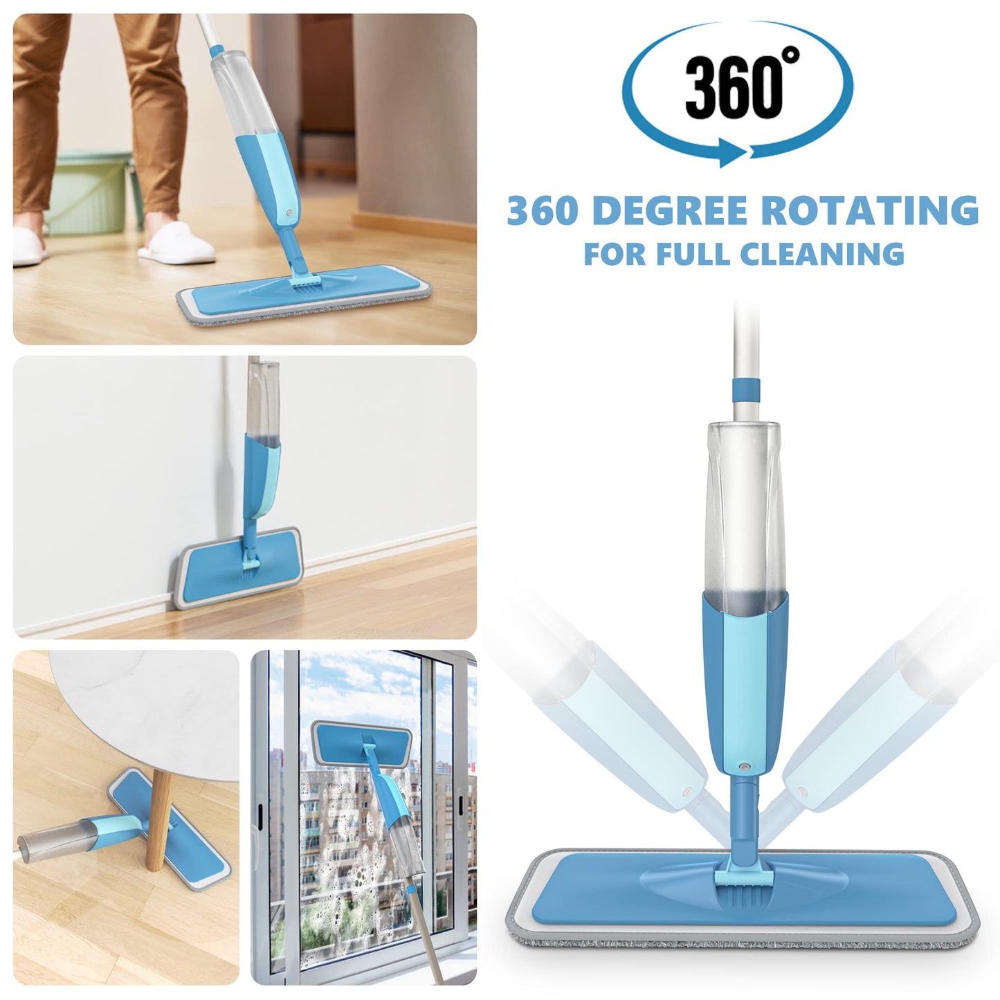 Spray Floor Mop, PAPCLEAN Microfibre Spray Mop with 3 Reusable Pads and 410ML Refillable Bottle, 360 Degree Spin Mop Suitable for Hardwood, Marble, Tile, Laminate, or Ceramic Floors - Cyan Blue