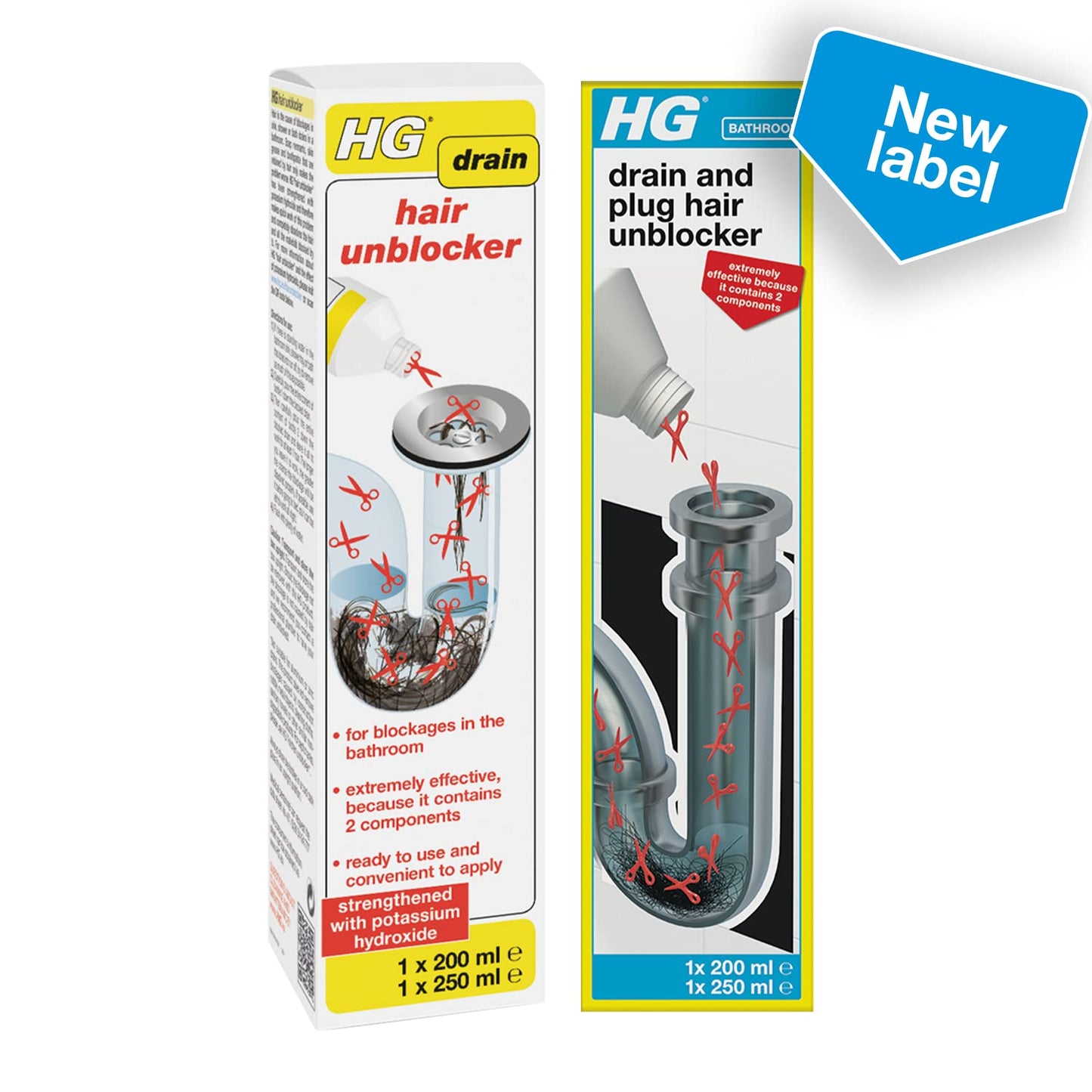 HG Drain and Plug Hair Unblocker, Removes Hair from Showers, Baths, Sinks & Plug Holes, Unblocks Blocked Bathroom Pipes & Drains Quickly & Easily (200 ml + 250 ml) - 667045106