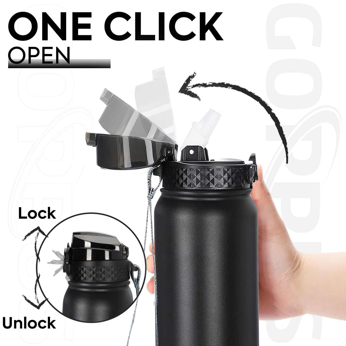 GOPPUS 1L/32oz Stainless Water Bottle with Straw 1 Litre Hot Thermal Water Flask Double Wall Steel Water Bottles Insulated Water Bottles Leakproof Cold Water Bottle Adult Black 1000ml/32oz-1 Lid