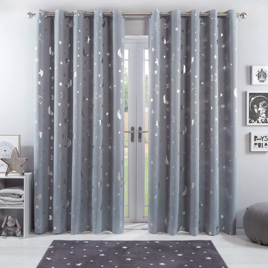 Dreamscene Galaxy Thermal Blackout Curtains Pair of Eyelets Rings Top Panels Children Metallic Stars Moon - Silver Grey, Width 66 inches x Drop 90 inches… 66" wide x 90" drop Silver Grey Moon Stars