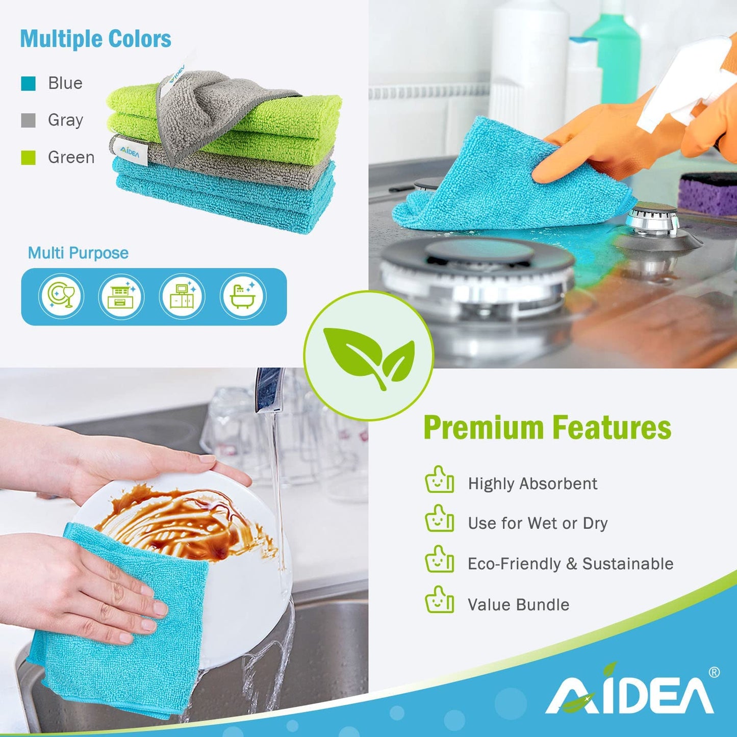 AIDEA Microfibre Cleaning Cloths Pack of 24, Multifunctional Reusable Cleaning Towels, Lint Free Streak Free Washable Cloth Duster for House, Kitchen, Car, Motorbike, Windows 30 x 30 cm